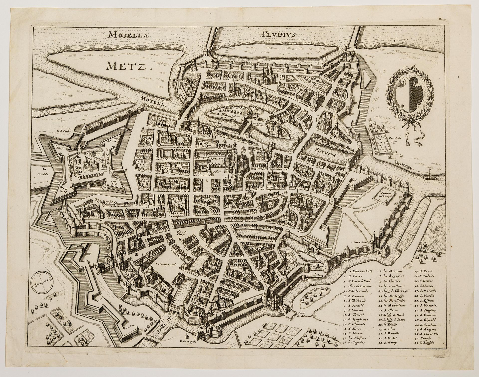 Null 21 - 莫泽尔。17世纪的梅兹市平面图。计划》的数字参考表。(约1640年)约翰娜-皮特斯绘图员。(30 x 39 cm) 状态B+。