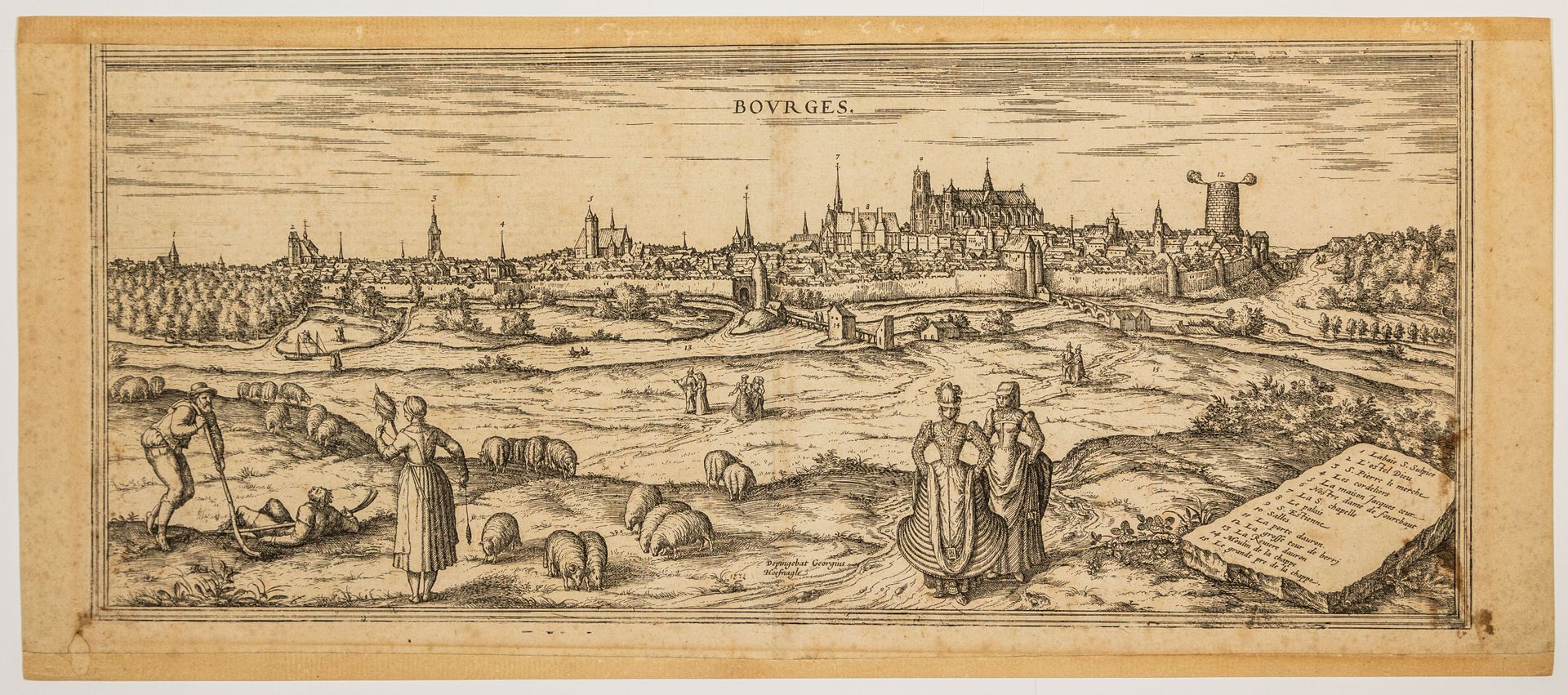 Null 73 - CHER.BOURGES。1572年的雕版画，描绘了布尔吉城的城墙景观。作者：Georgius HOEFNAGLE。(22 x 52,5 c&hellip;