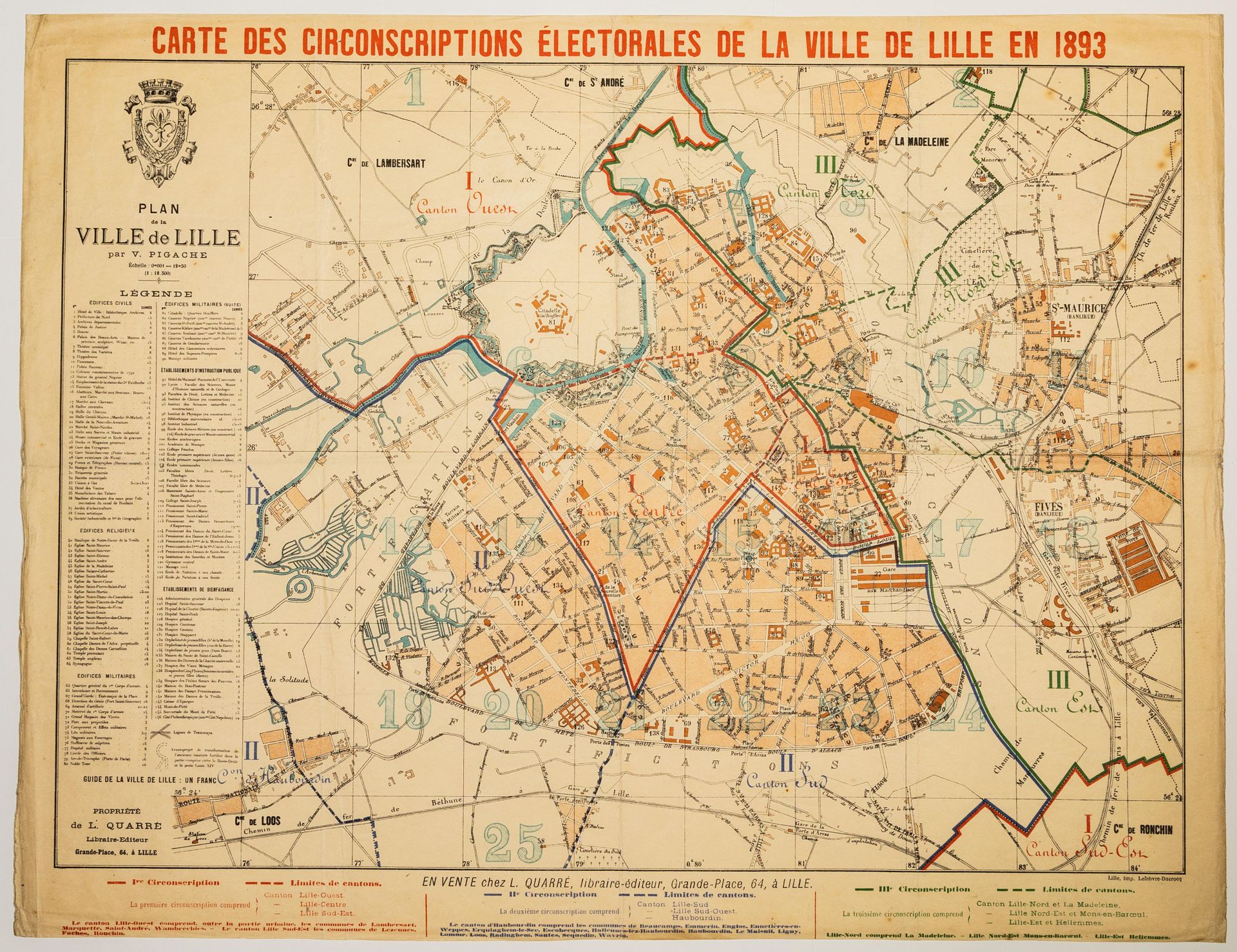 Null 54 - 北方。里尔。"1893年里尔市的选区地图。在里尔的L. QUARRÉ，书商-出版商，Grande-Place，64，出售（42.5 x 55&hellip;