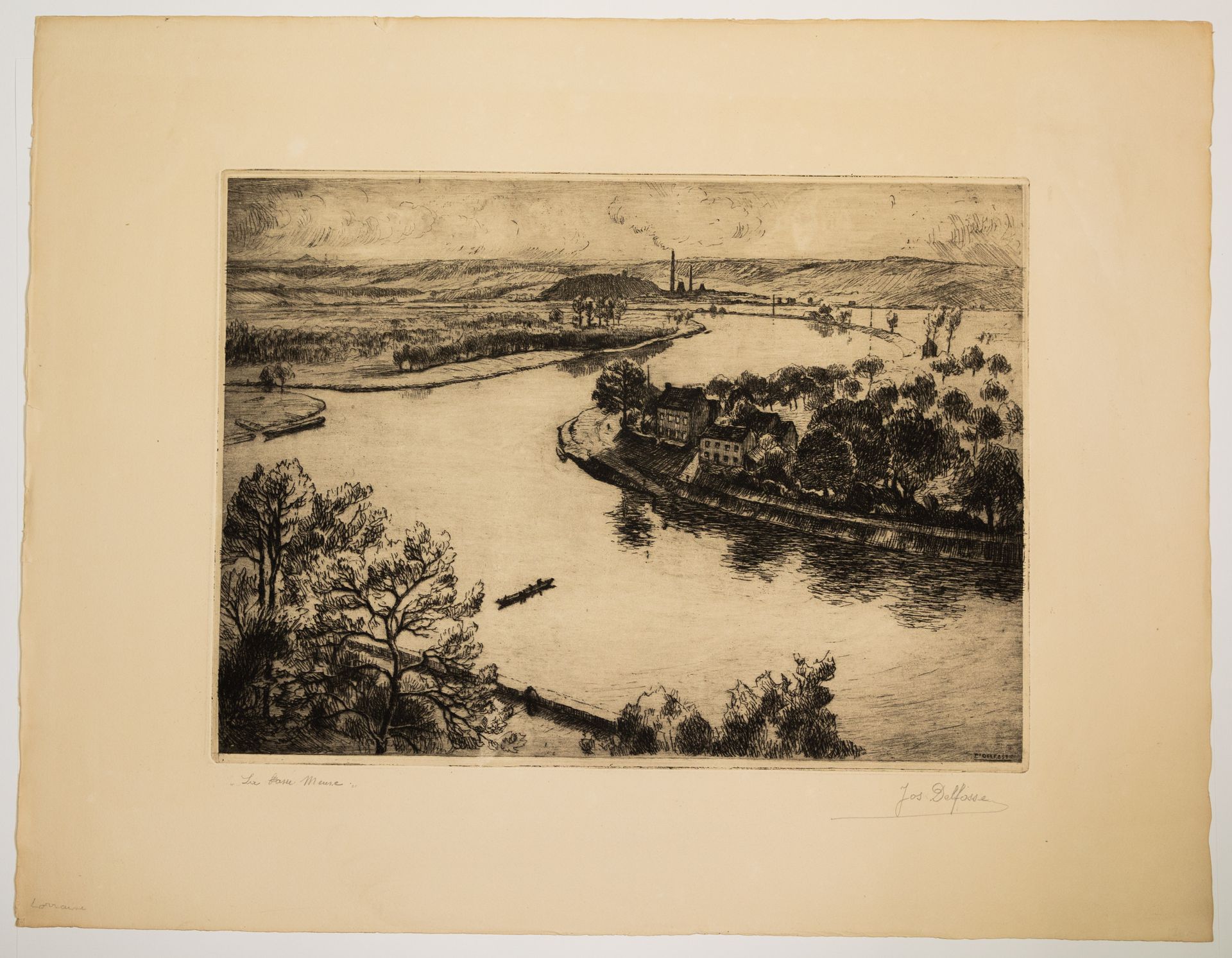 Null 10 - LORRAINE. View of "LA BASSE MEUSE" Etching by Joseph DELFOSSE (1888-19&hellip;
