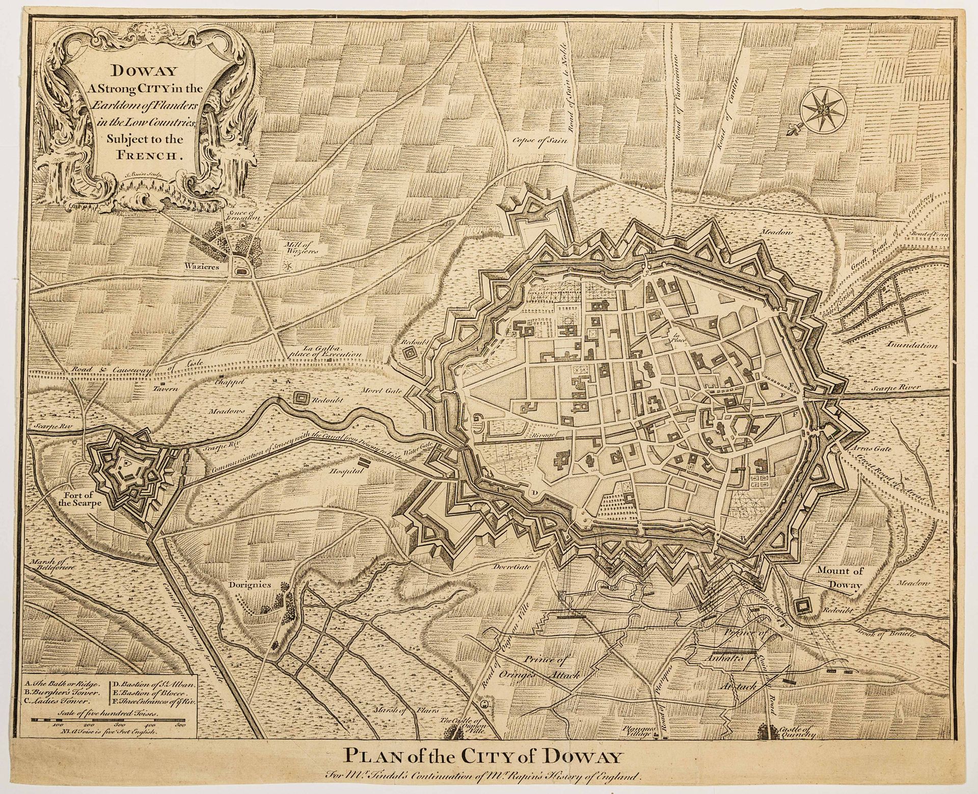 Null 51 - DOUAI。法兰德斯郡杜伊市的规划。英国雕版画 18世纪"DOWAY，低地国家弗兰德斯伯爵区的一座强城，隶属于法国人。"J. Basire &hellip;