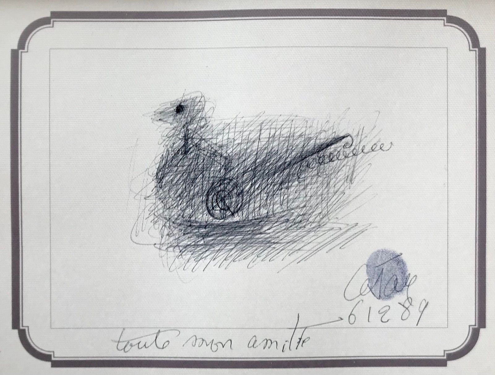 Null CESAR BALDACCINI (1921-1998) L'Oiseau 圆珠笔画，有签名和拇指印，日期为1989年12月6日，题词 "Toute &hellip;