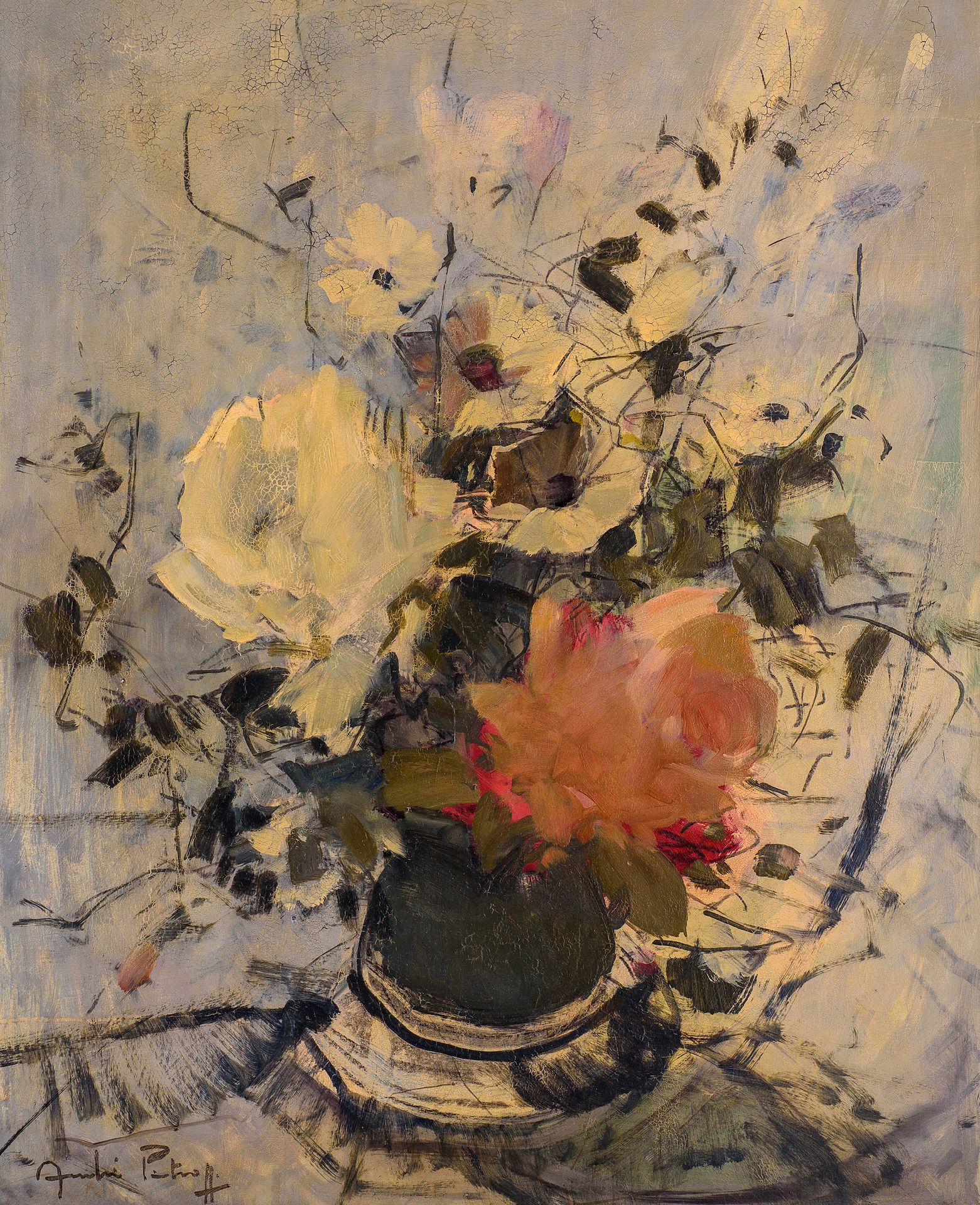 Null André PETROFF (1894-1975) Vase de fleurs Huile sur panneau Signée en bas à &hellip;