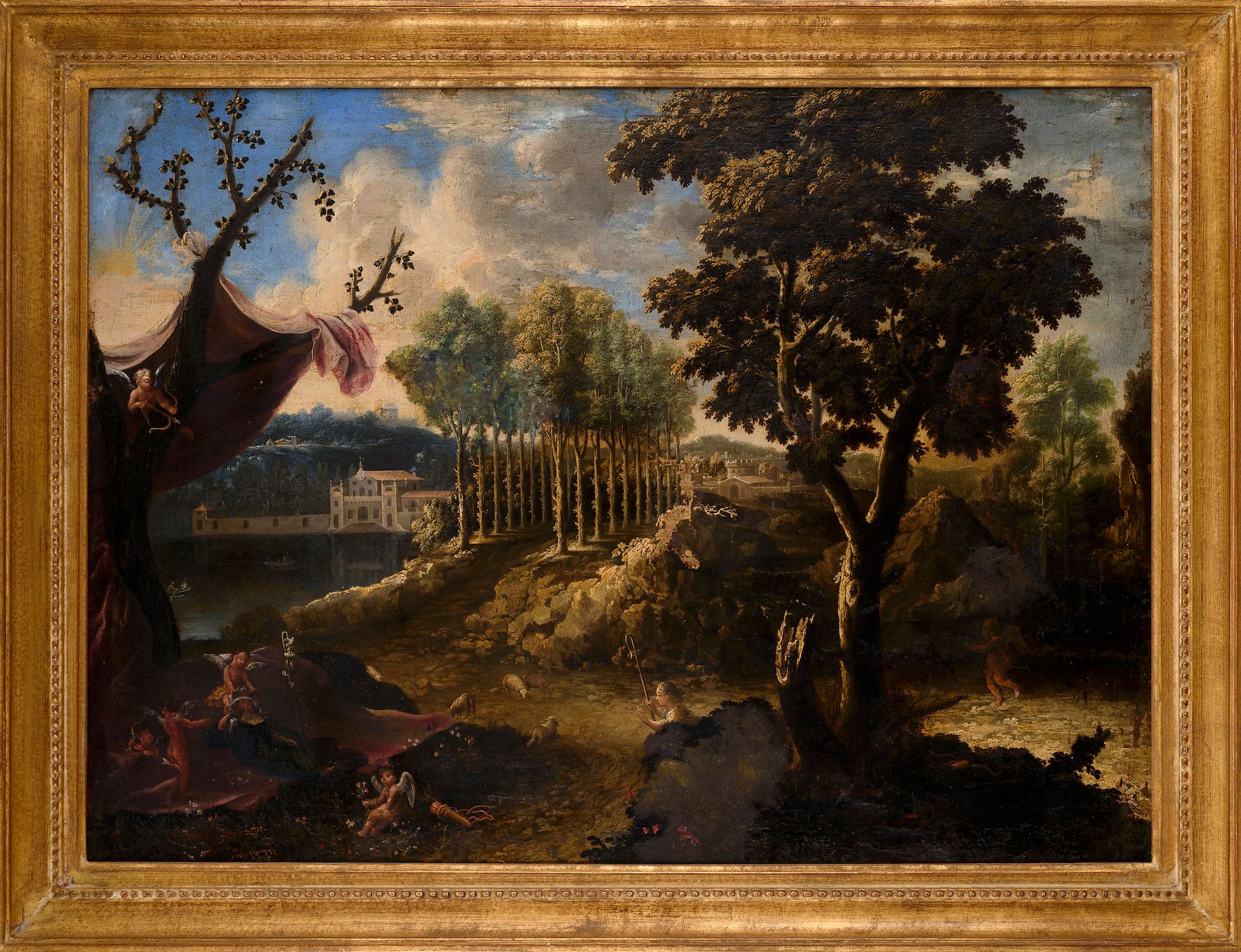 Null Scuola napoletana, inizio XVIII secolo Paesaggio animato Tela 67 x 90 cm Is&hellip;