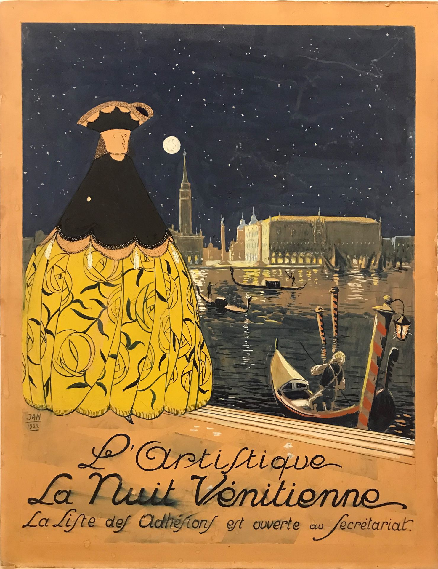 Null Georges JAN (XIX-XXe) La Nuit vénitienne, 1922 Gouache sur papier contrecol&hellip;