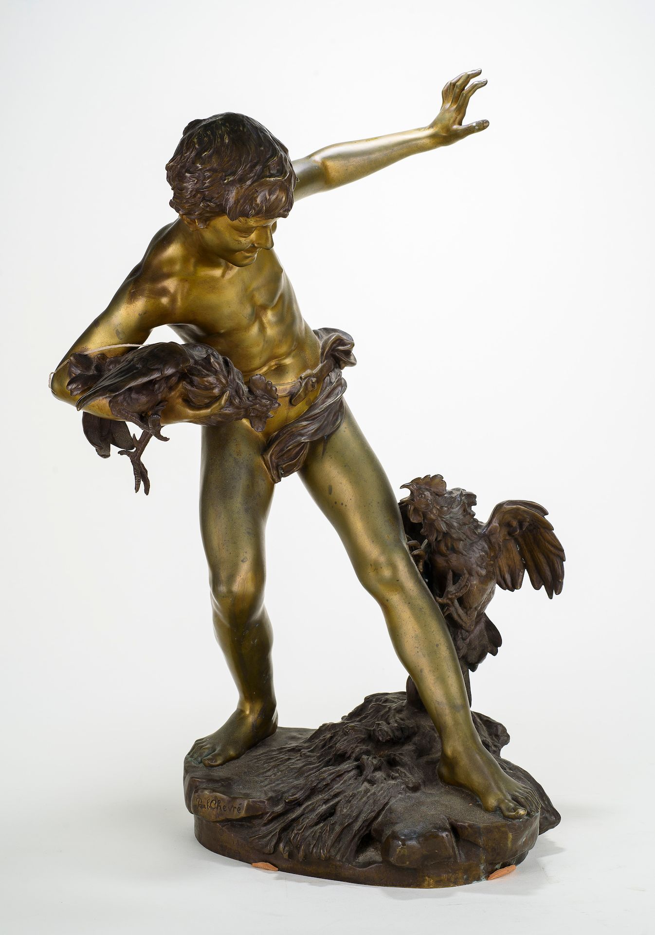 Null 保罗-罗曼-舍夫雷(1867-1914)

年轻男孩与公鸡

带有镀金光泽的青铜器，老式铸件

在露台上签名

高度：75厘米