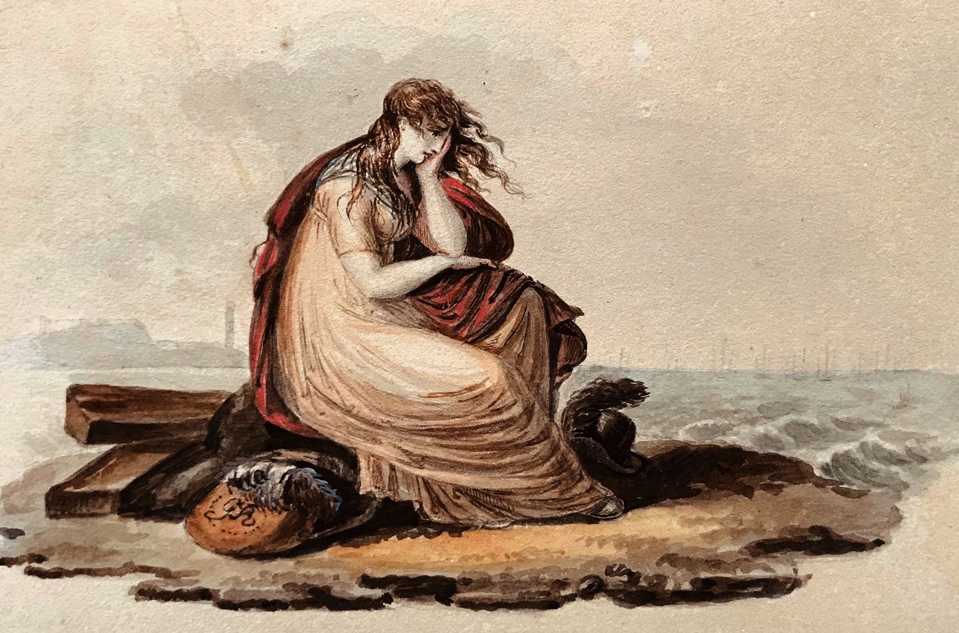 Null 弗里德里希-雷贝格（1758-1835） 汉密尔顿夫人哀悼纳尔逊勋爵的死亡 纸上水彩画 签名：FR 铅笔题："来不及见他" 15.5 x 21 cm &hellip;