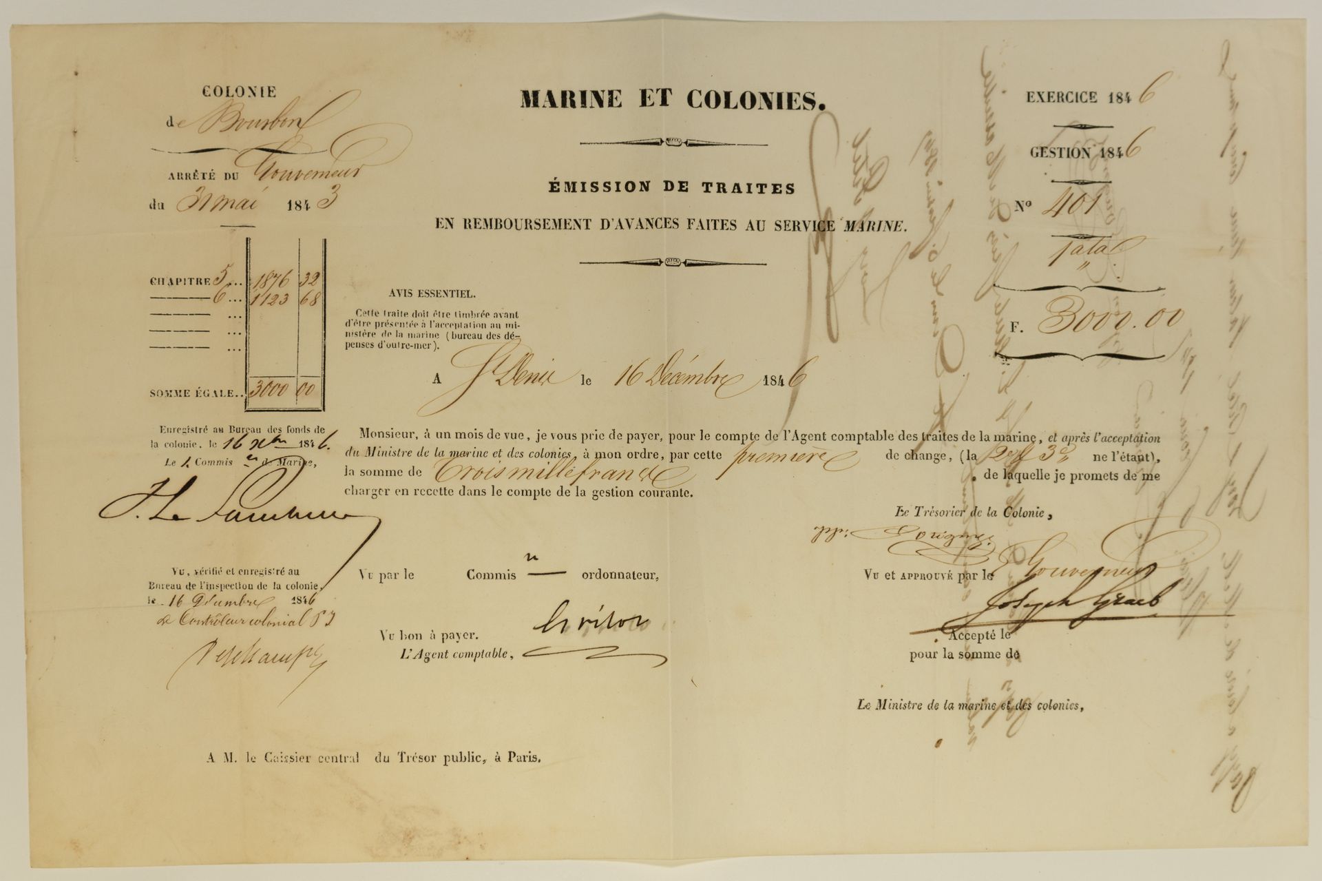Null ILE BOURBON（留尼汪岛）。1846年12月16日在圣丹尼斯（留尼汪）发行的用于偿还海军预付款的汇票。 3000法郎的汇票。签名：Joseph&hellip;