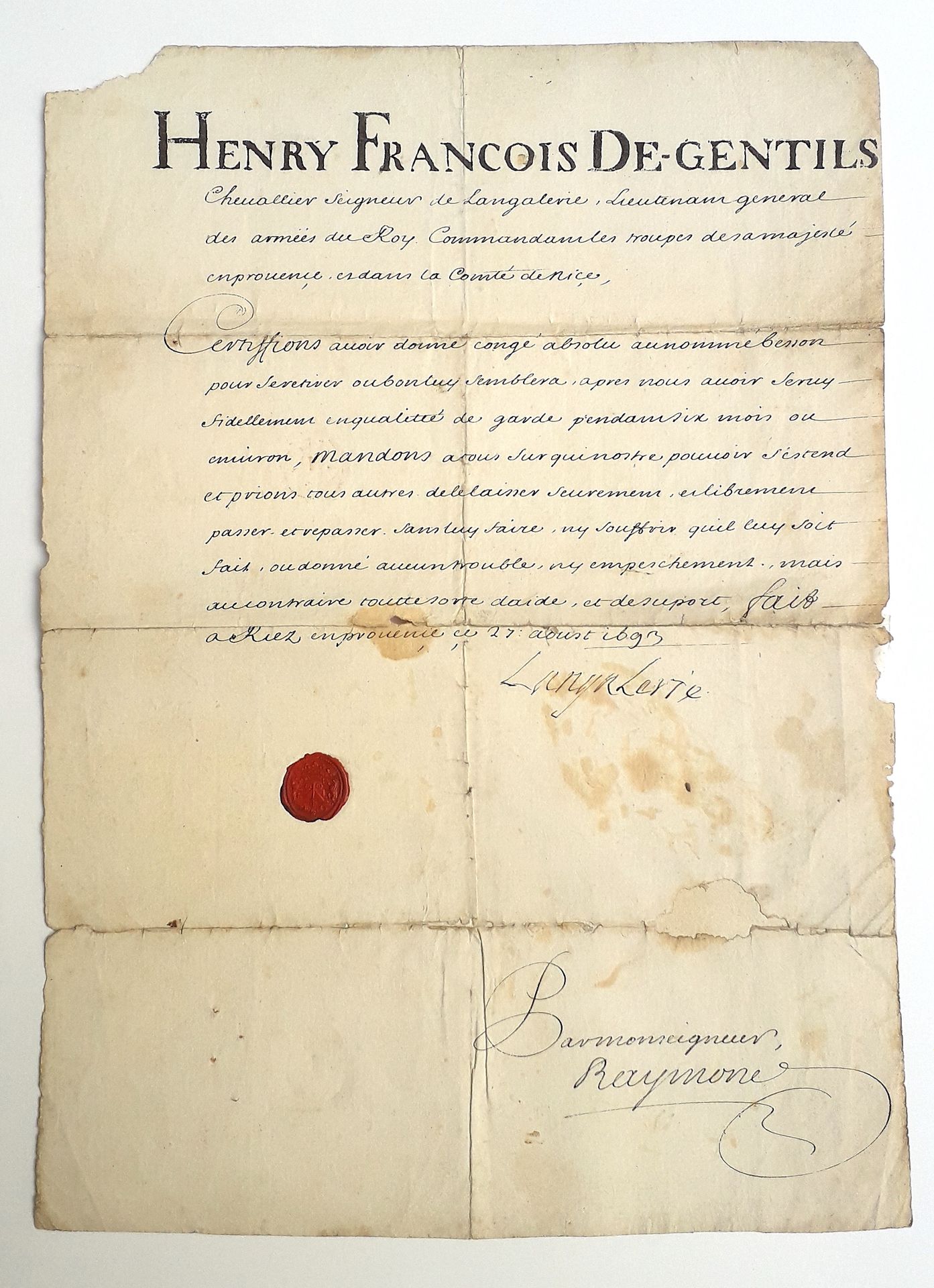 Null (PROVENZA) Licencia firmada Henry François DE-GENTILS Caballero Señor de LA&hellip;