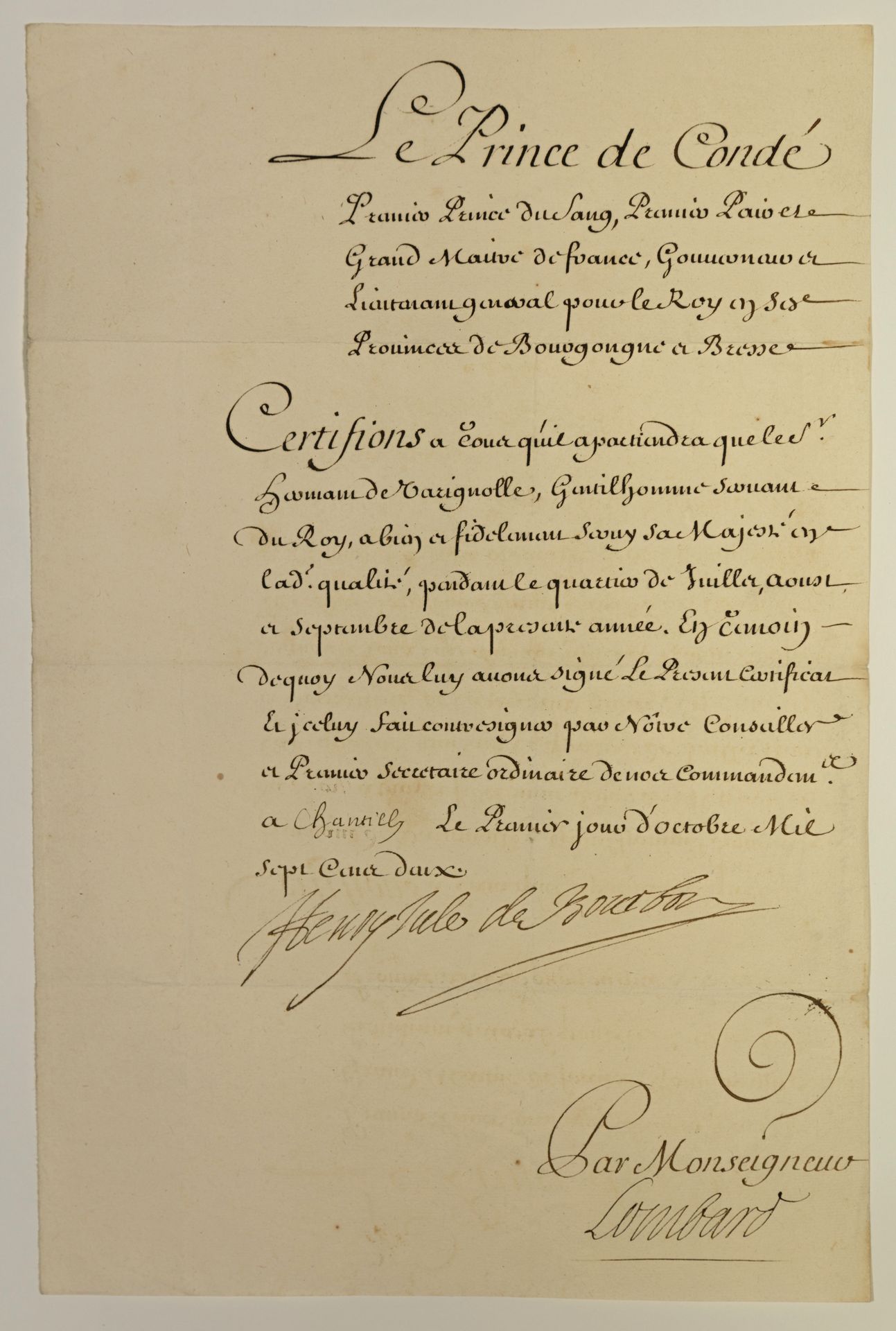 Null CASTILLO DE CHANTILLY (OISE) 1702. Pieza firmada "HENRY JULES DE BOURBON" P&hellip;