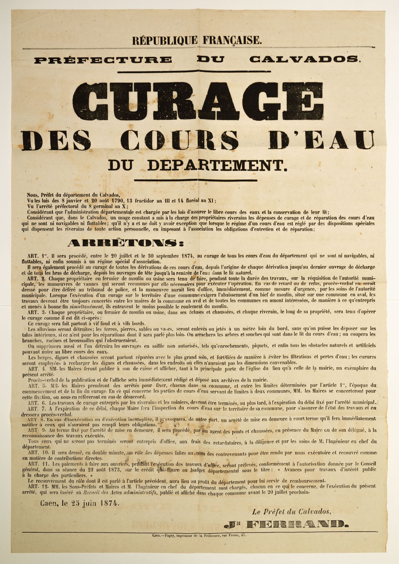 Null CALVADOS. CAEN, 25. Juni 1874 "CURAGE DES COURS D'EAU du Département" - PLA&hellip;