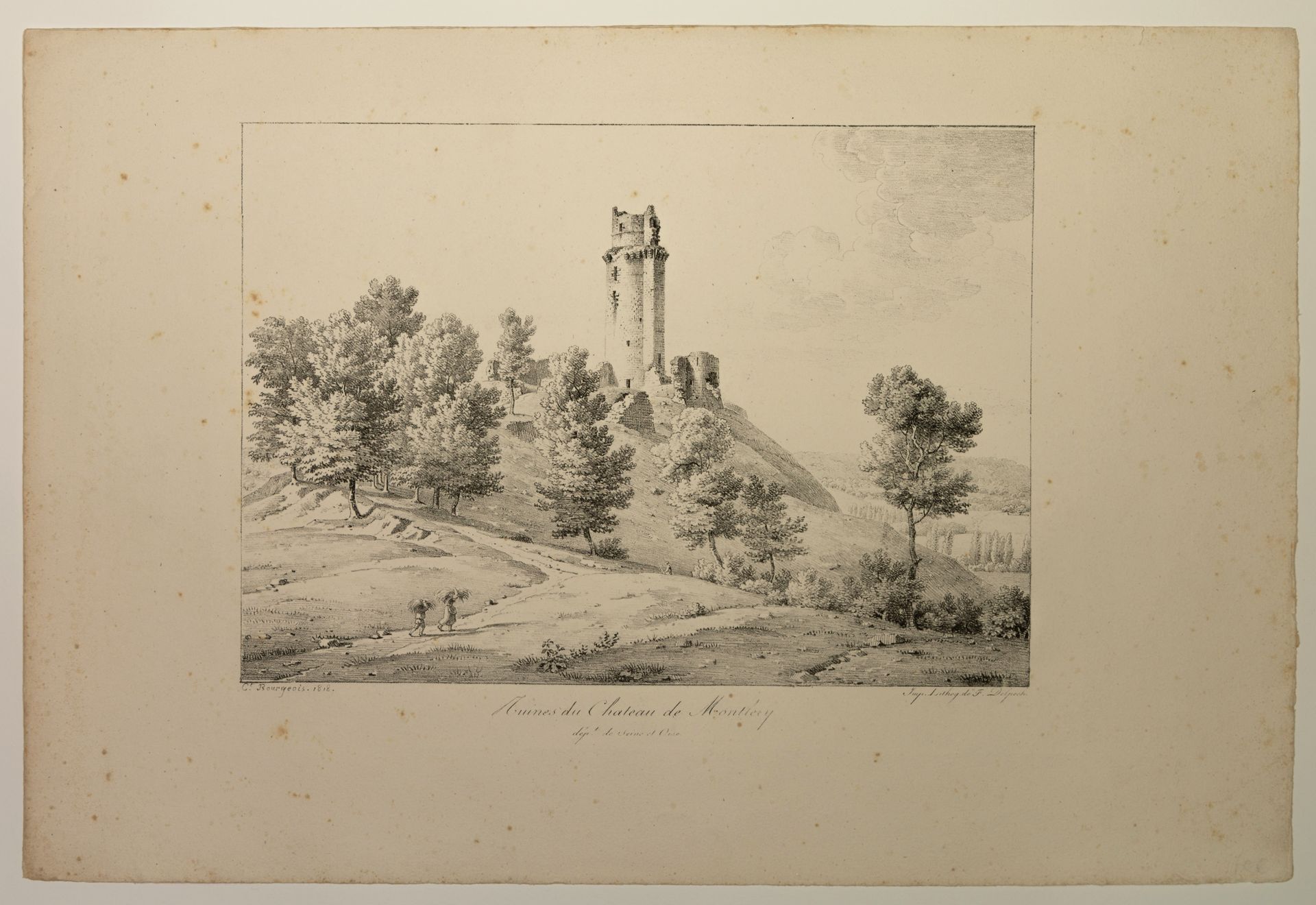 Null ESSONNE."塞纳-瓦兹省蒙特勒赫里城堡景观。C.Bourgeois 1818年。F. Delpech的石版画 (33 x 50 cm)