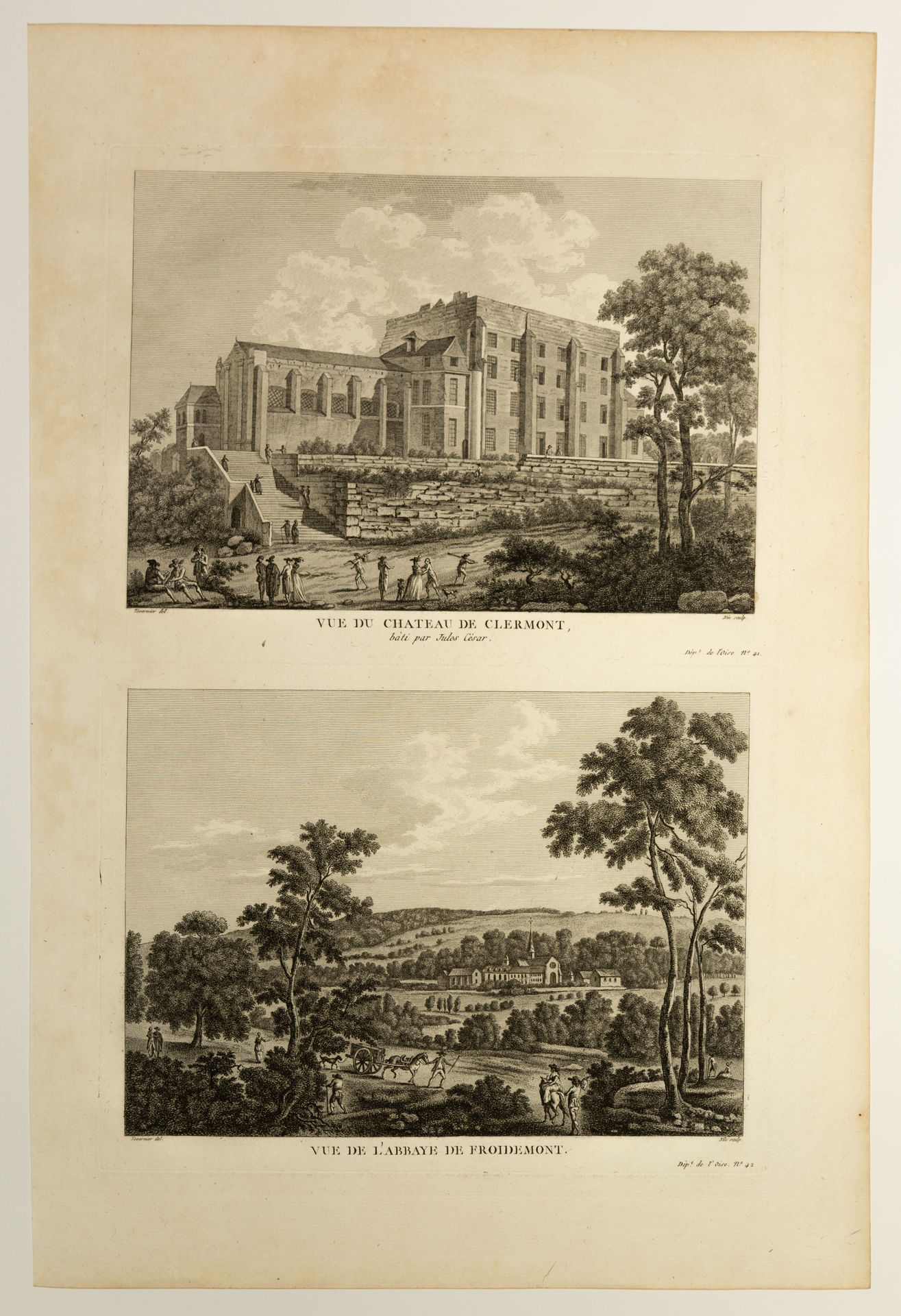 Null OISE. 2 gravierte Ansichten auf einer Platte: "Vue du Château de CLERMONT (&hellip;