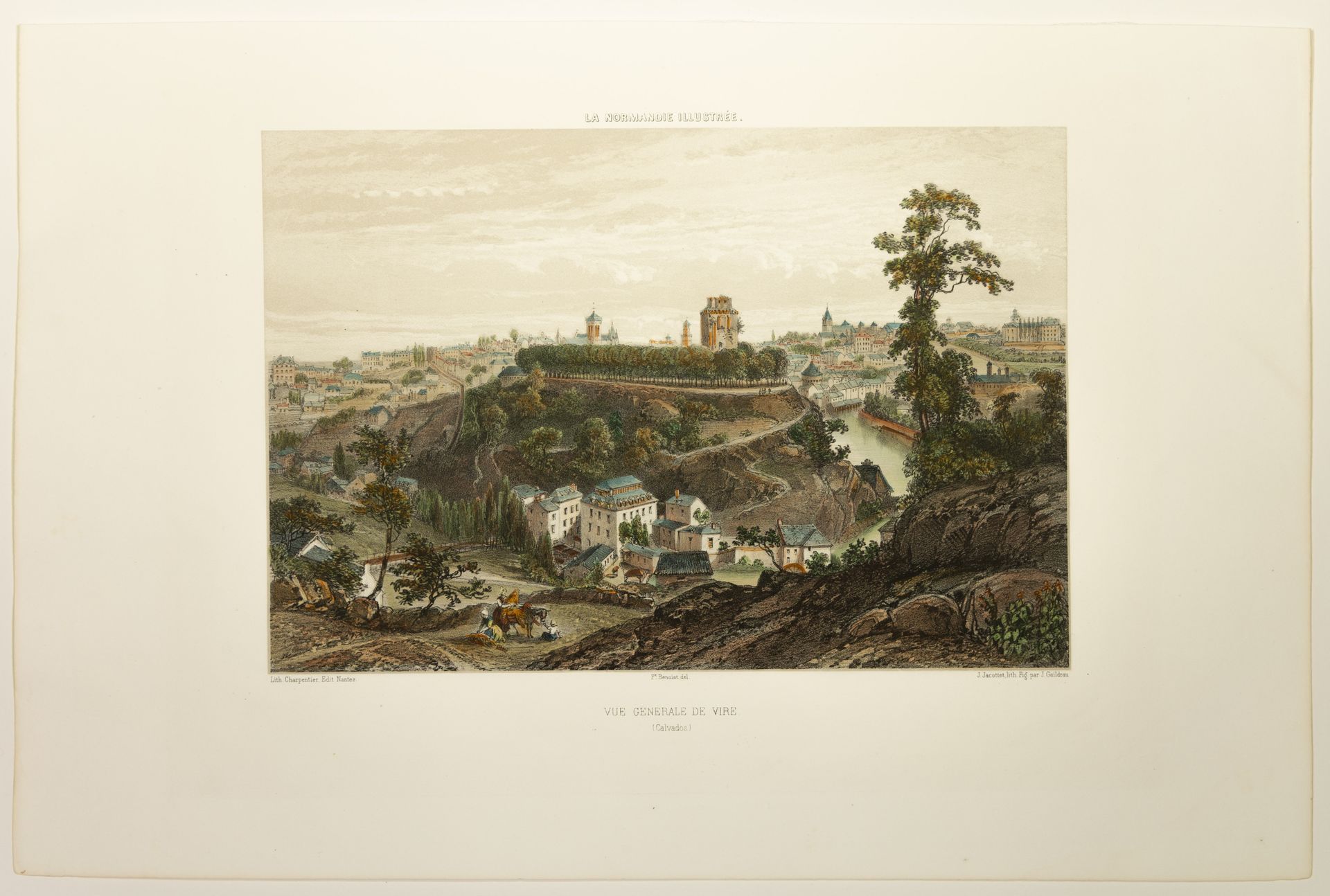 Null CALVADOS。"VIRE的总体看法"。Julien JACOTTET（1806-1880）的石版画，19世纪。丛书 "La Normandie I&hellip;