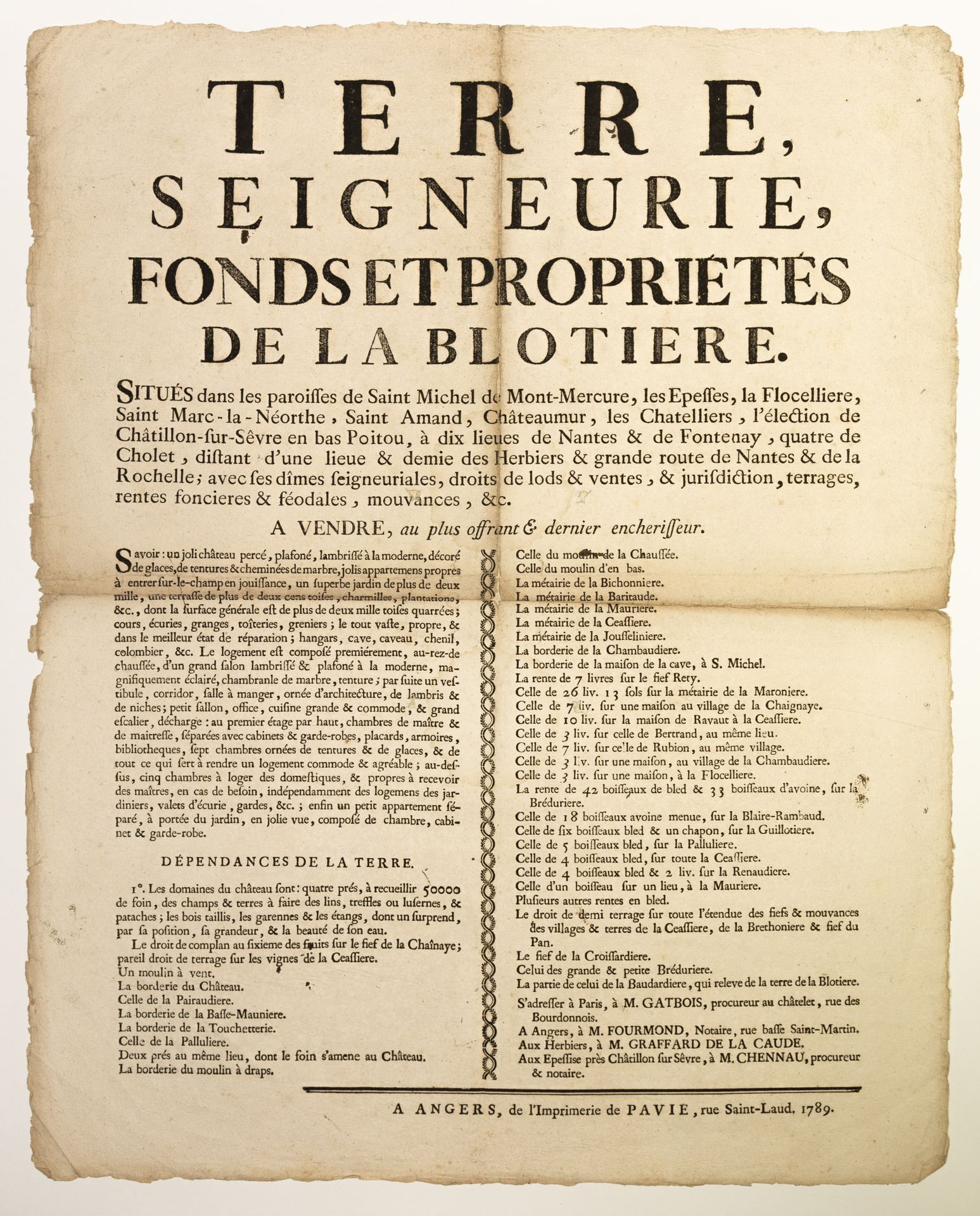 Null VENDÉE. 1789. DEUX-SÈVRES. Sale of the Seigniory and the Castle of the BLOT&hellip;
