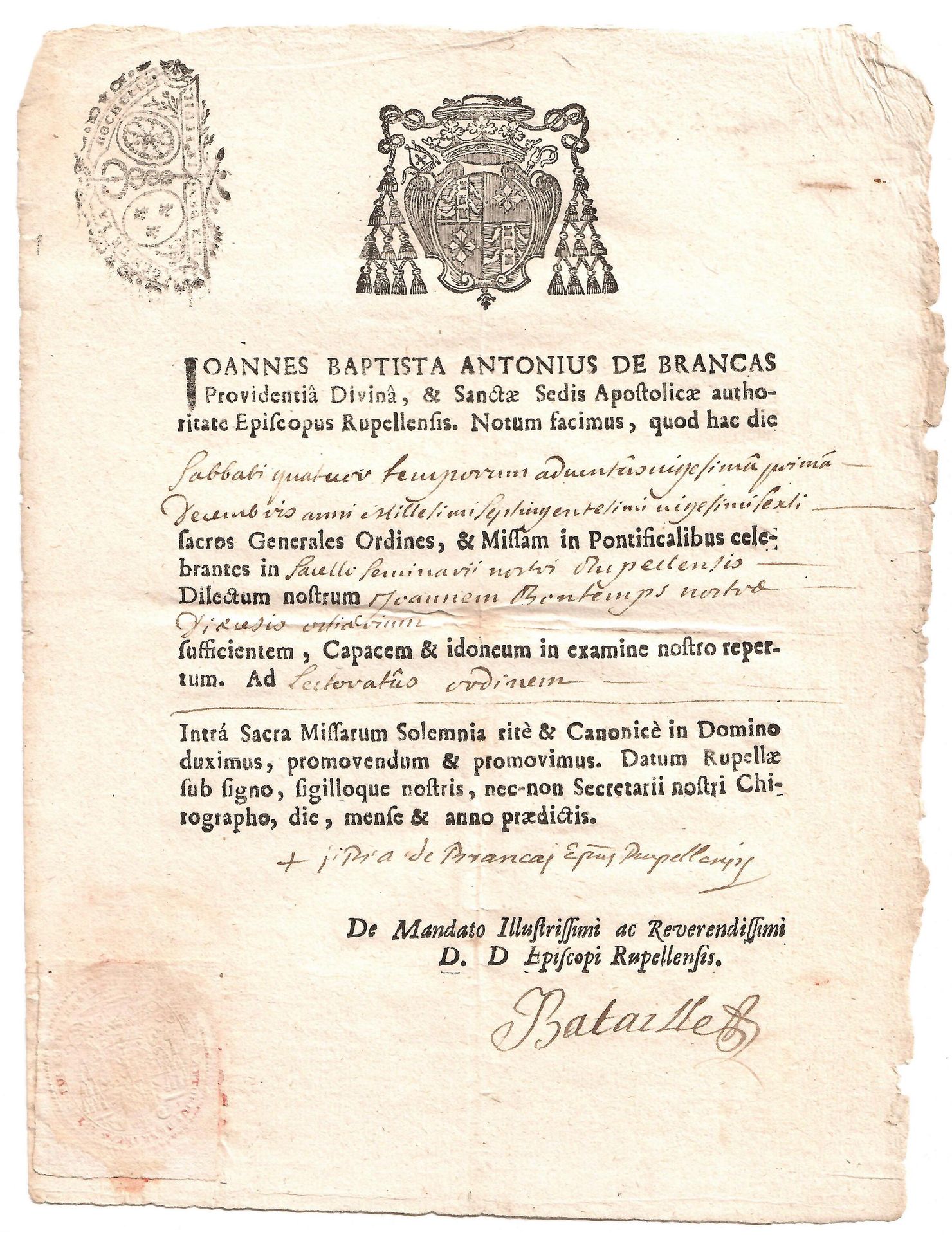 Null 让-德-布朗卡，（1693-1770）拉罗谢尔主教，然后是艾克斯主教。授职信，印有拉罗谢尔主教BRANCAS的信笺（1725年至1729年）。文本为拉&hellip;