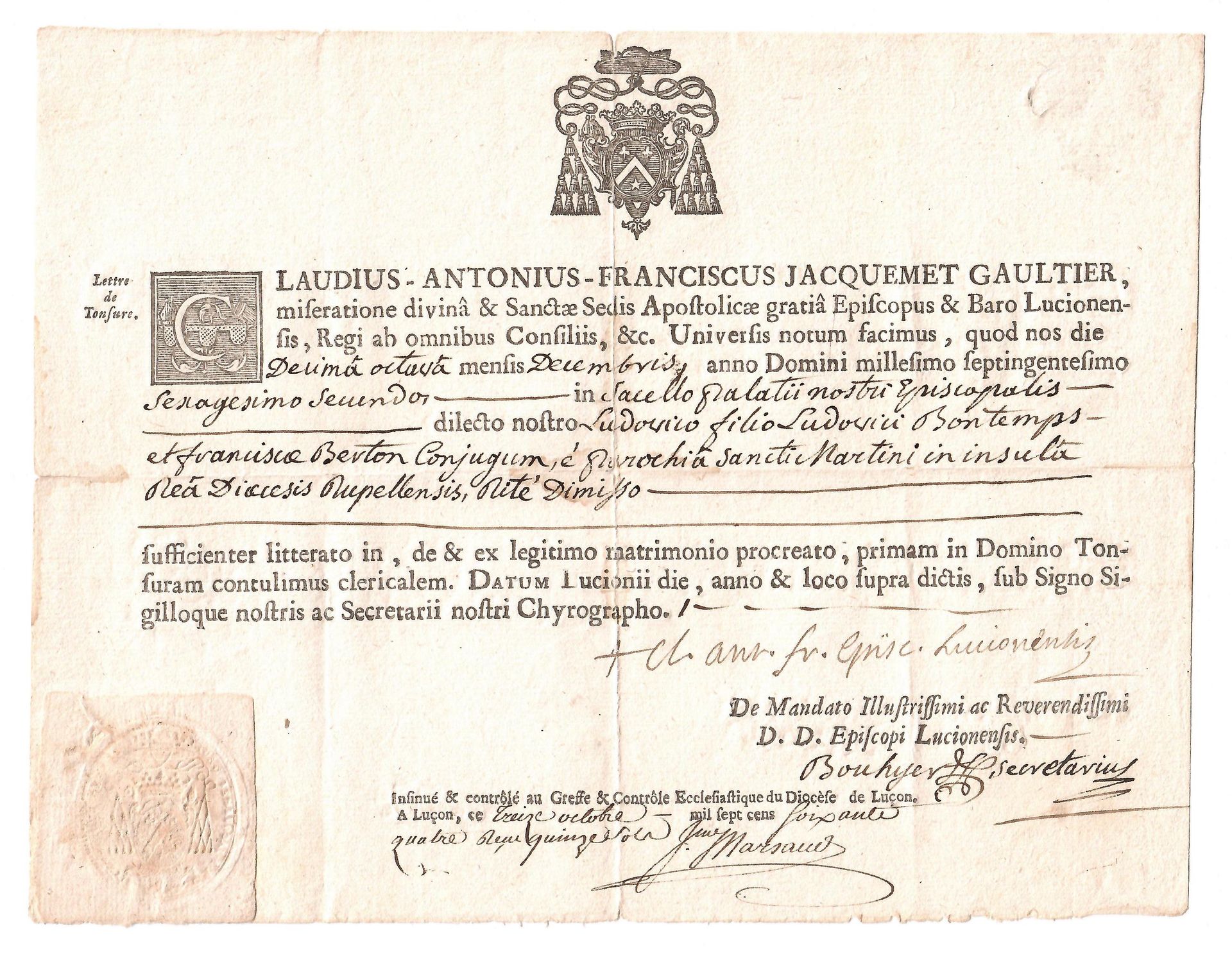 Null VENDÉE. Letter of tonsure signed Claude Antoine François JACQUEMET-GAULTIER&hellip;