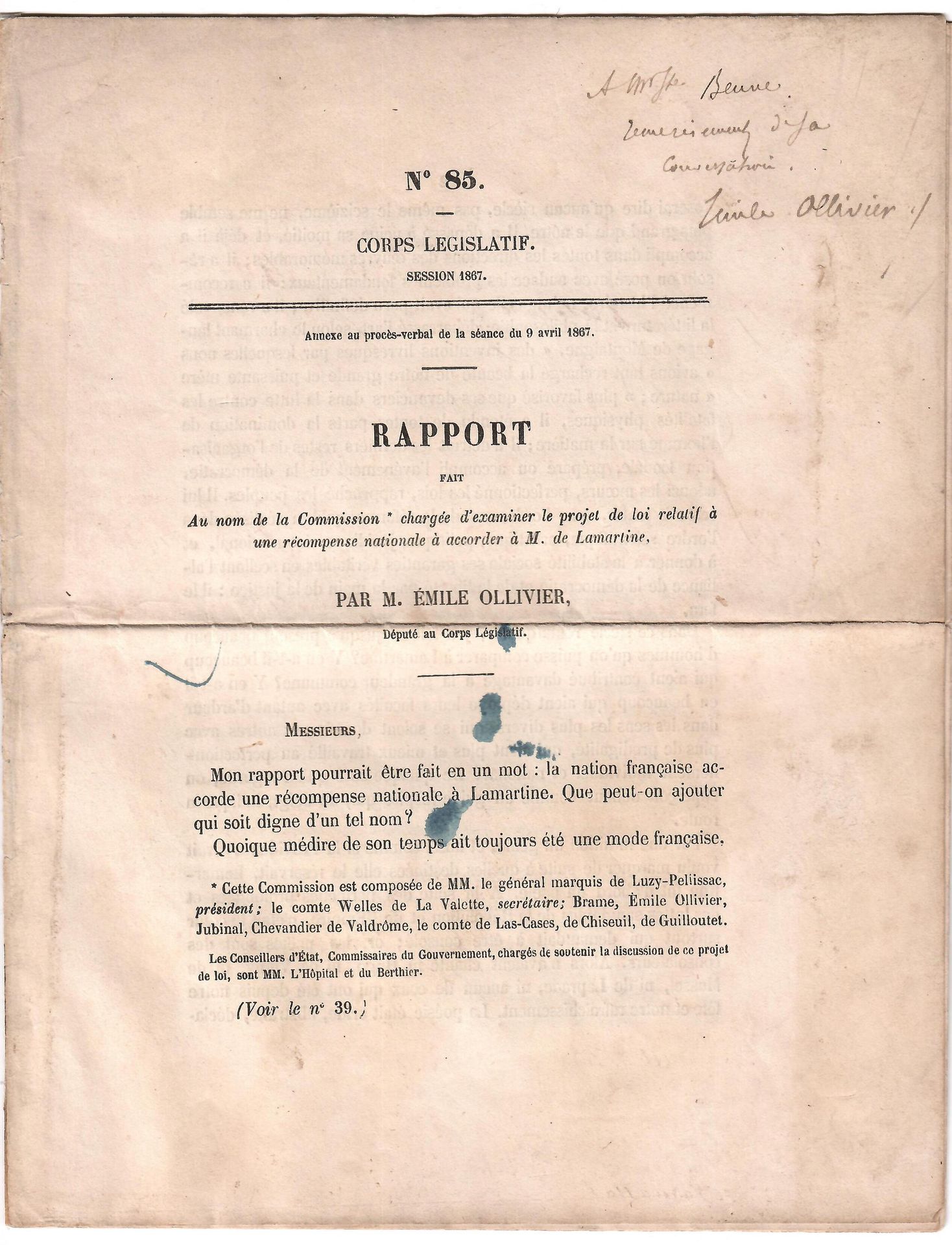 Null 阿尔丰斯-德-拉马汀。"以负责审查有关向拉马丁先生颁发国家奖的法案的委员会的名义提交的报告。作者：Émile OLLIVIER，议员。1867年4月9&hellip;