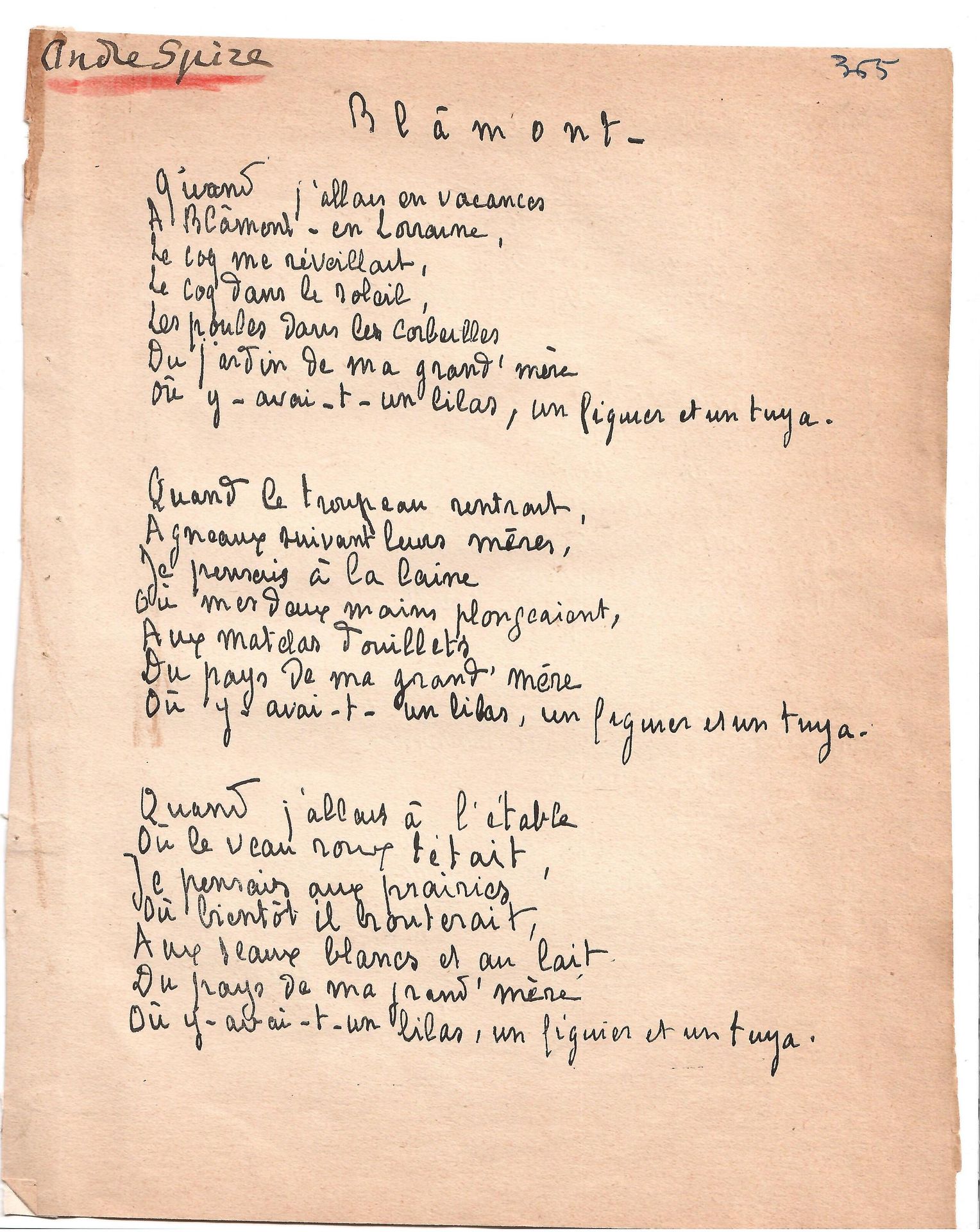 Null 安德烈-斯皮尔（南希（54）1868-1966）作家、诗人、犹太复国主义活动家。题为 "BLÂMONT "的诗歌，由安德烈-斯皮尔亲笔签名，1918年&hellip;