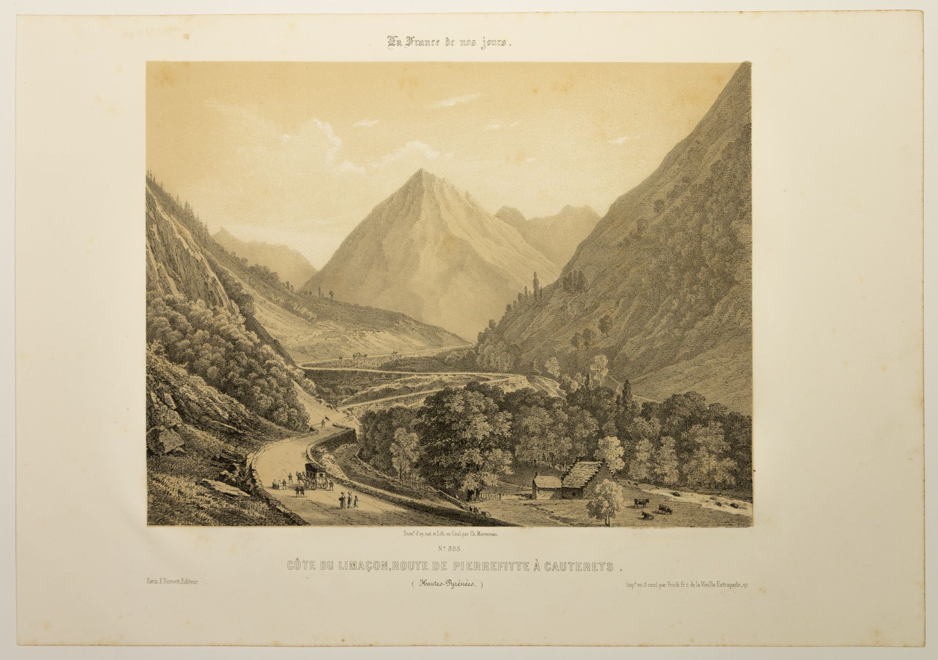 Null Hautes-Rénées。"利马松海岸，从PIERREFITTE到CAUTERETS的道路"。查尔斯-梅尔塞奥（1822-1864）的彩色石版画。由&hellip;