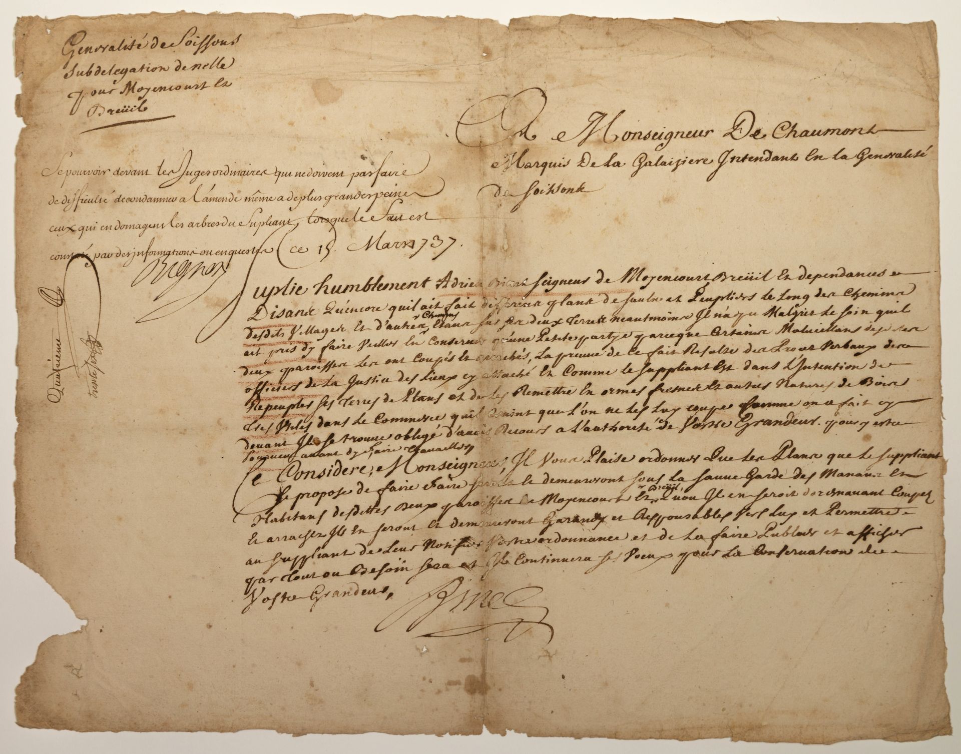 Null SOMME. AISNE. 1736. Document signed Adrien BINET, Lord of MOYENCOURT (80), &hellip;