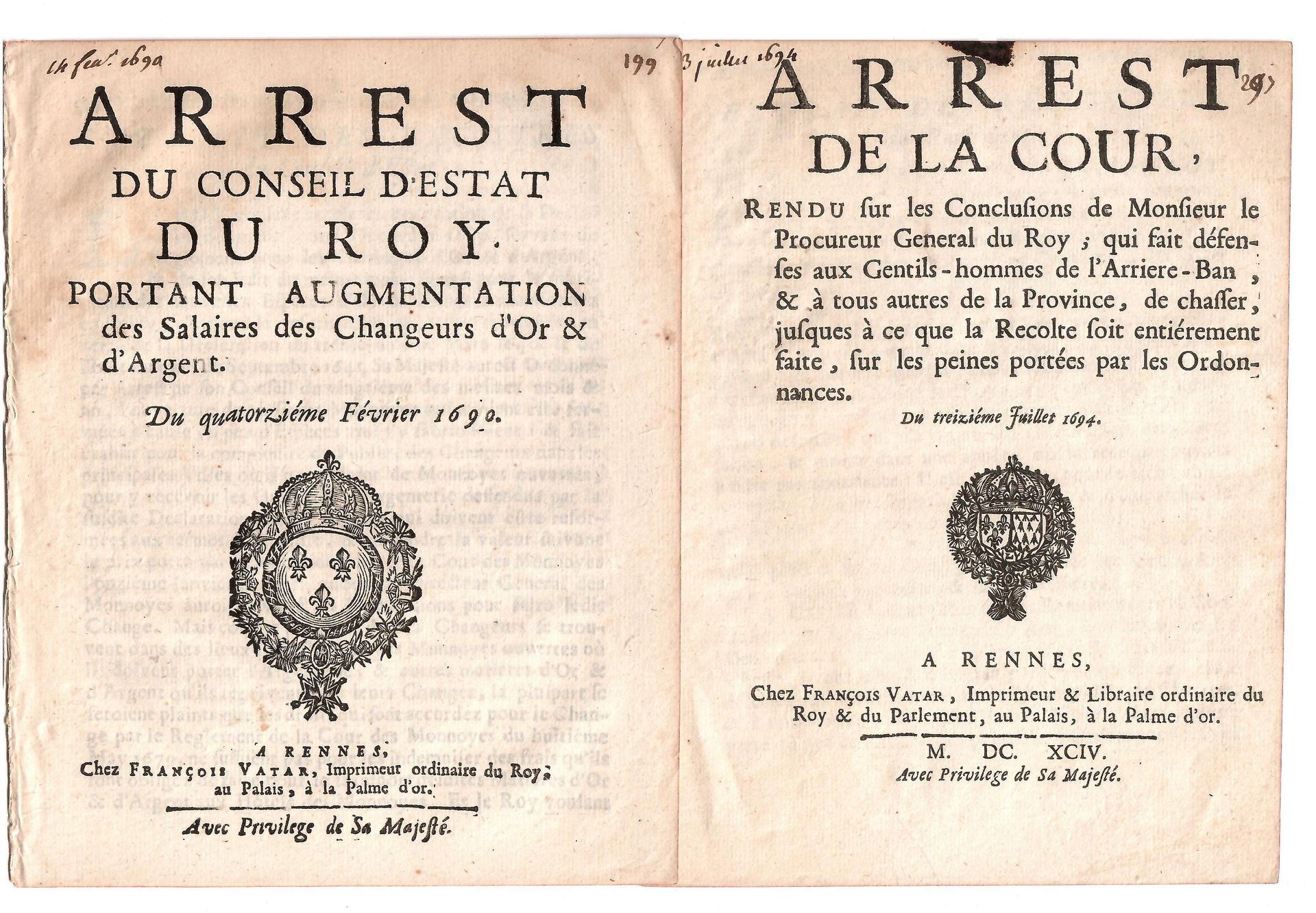 Null ILLE ET VILAINE. 2 Estampas 1690-1694, por François VATAR, Impresor Ordinar&hellip;