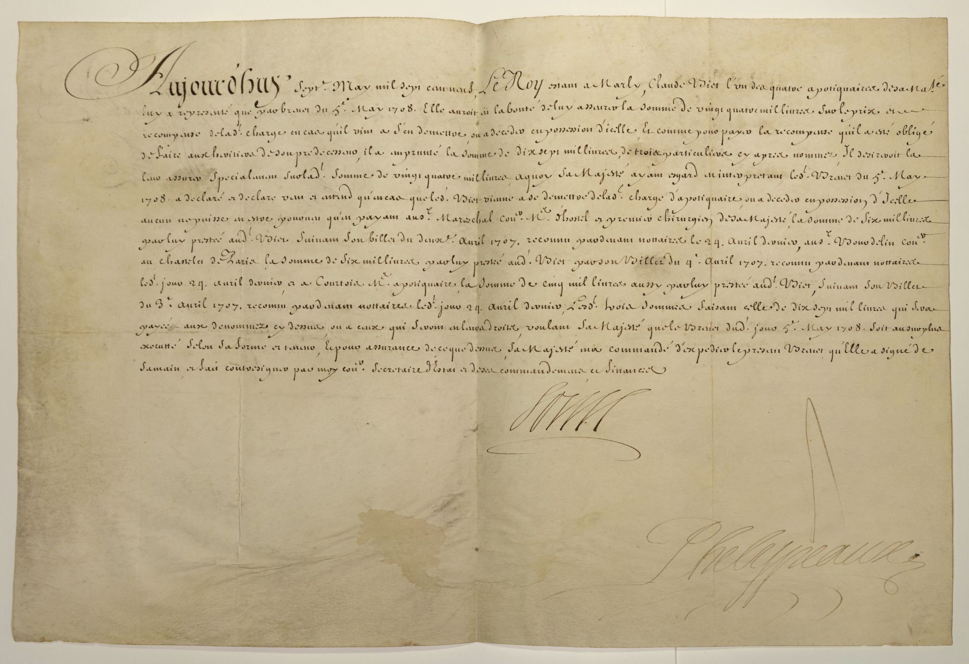 Null 签署了路易十四（秘书）的PHELYPEAUX专利 - 羊皮纸（28 x 42） - "今天1709年5月7日，国王在MARLY，国王的4个药剂师之一C&hellip;