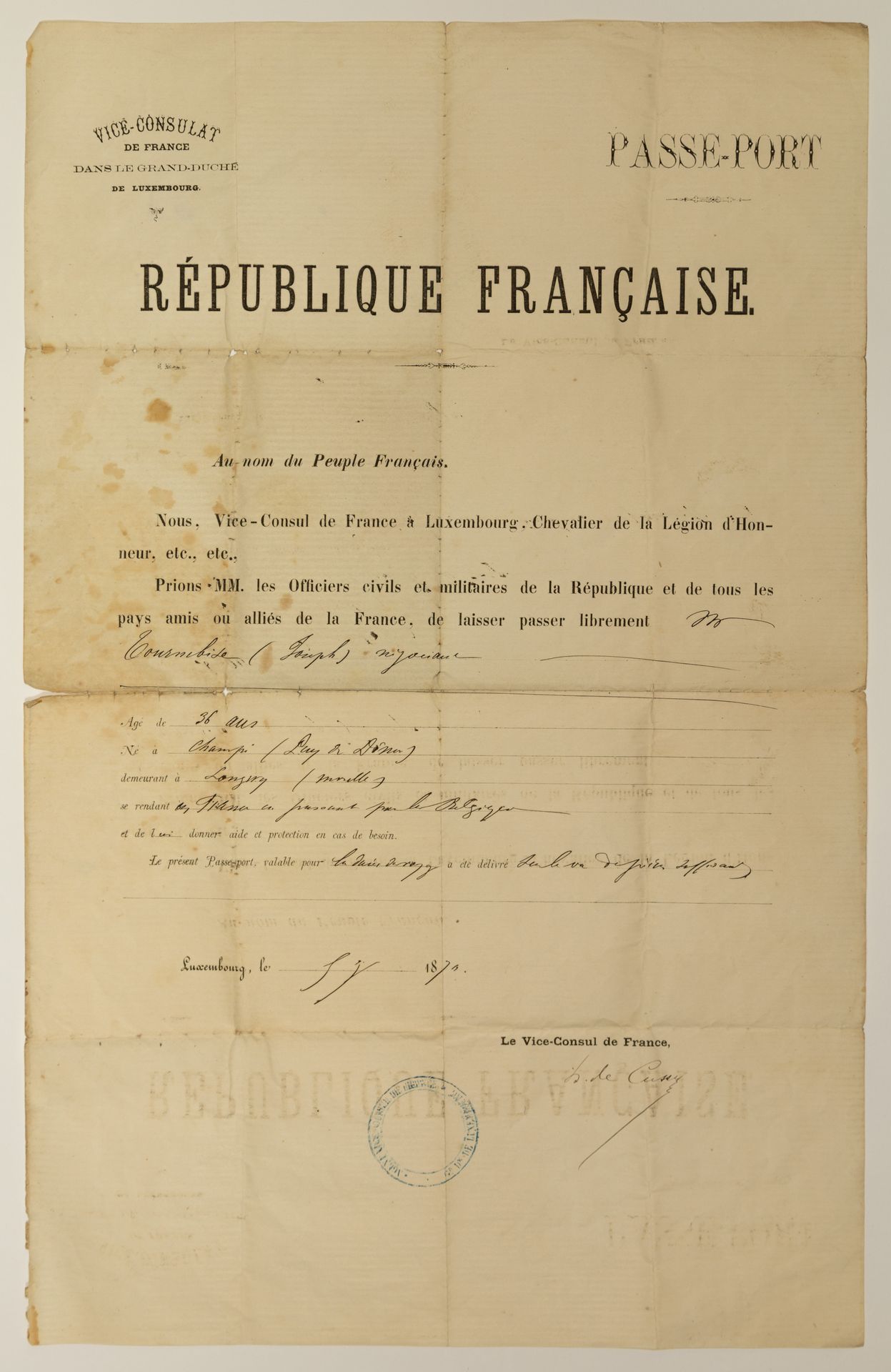 Null LUXEMBOURG, 5 Janvier 1870. PASSEPORT délivré par le Vice-Consulat de Franc&hellip;