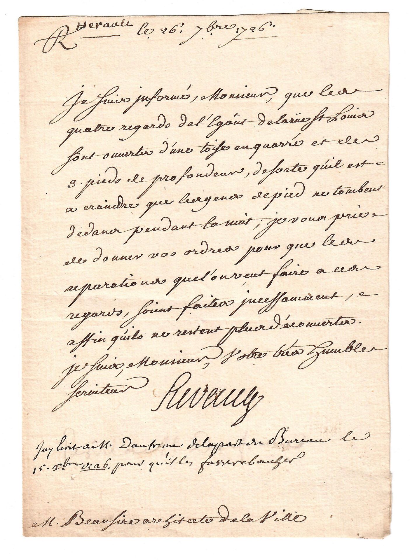 Null SEWER OF PARIS. Autograph letter signed René HERAULT Lieutenant General of &hellip;