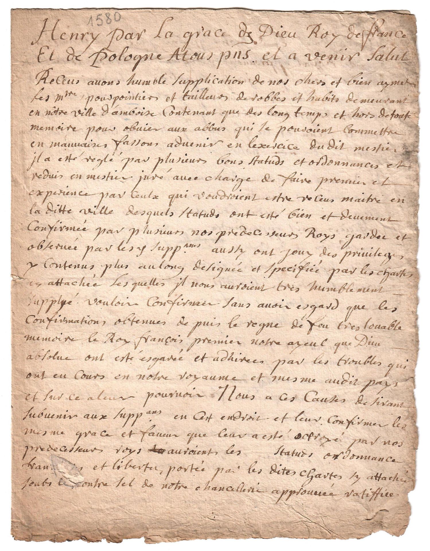 Null INDRE-ET-LOIRE. AMBOISE. 1580: Brief von König HENRI III, König von Frankre&hellip;