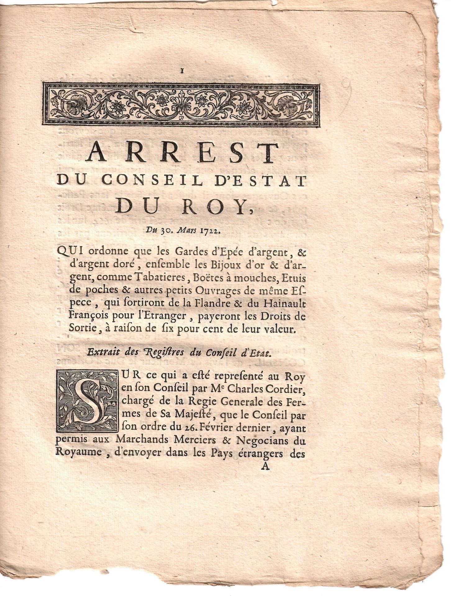 Null DOUANE. BIJOUX D’OR ET D’ARGENT. « Arrêt du conseil du Roy, du 30 Mars 1722&hellip;
