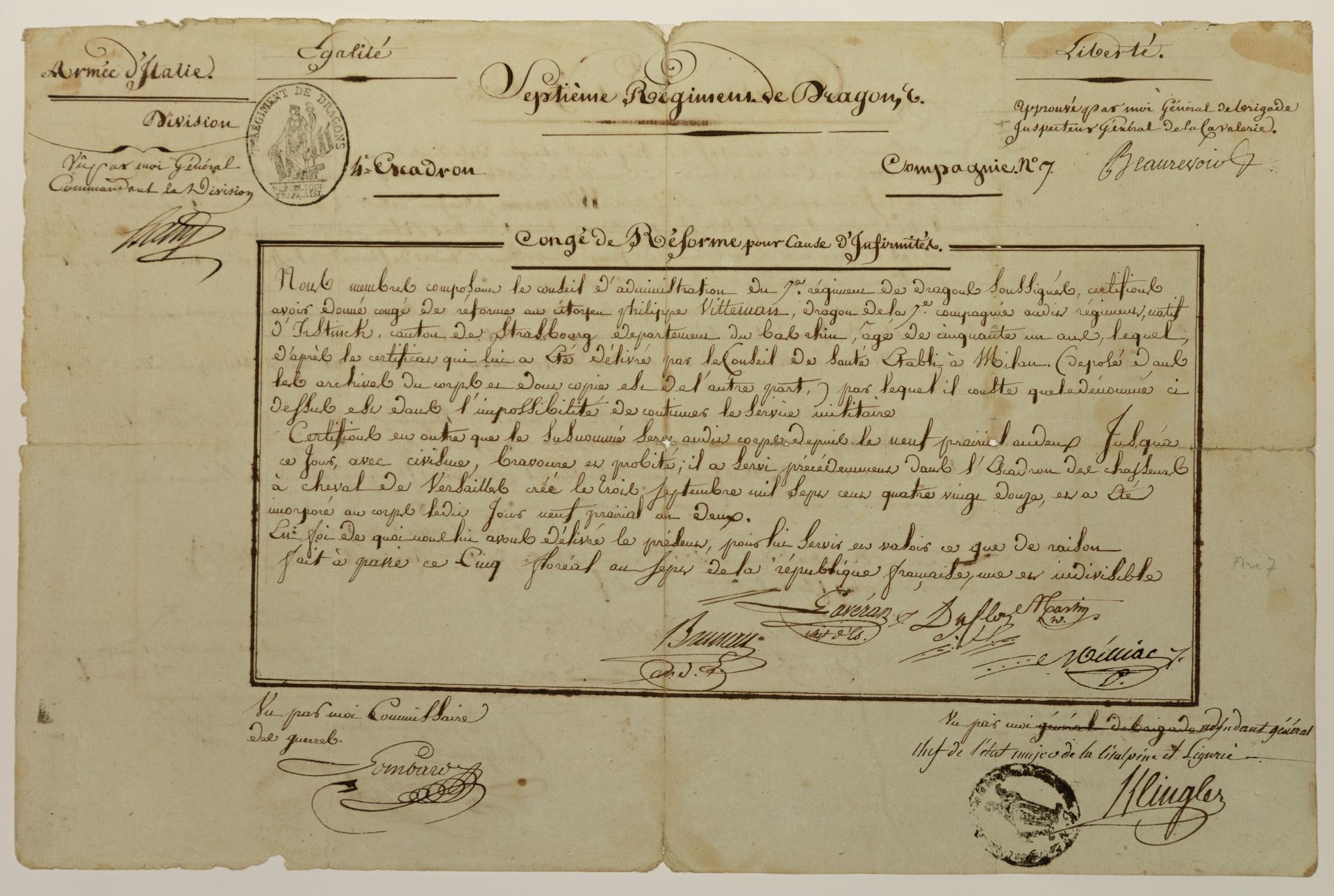 Null CAVALERIE.1799.意大利军队的军事休假。3位将军签署的文件：雅克-哈特利、路易-比奥维尔和弗里德里希-克林格以及龙7团理事会。菲利普-维特&hellip;