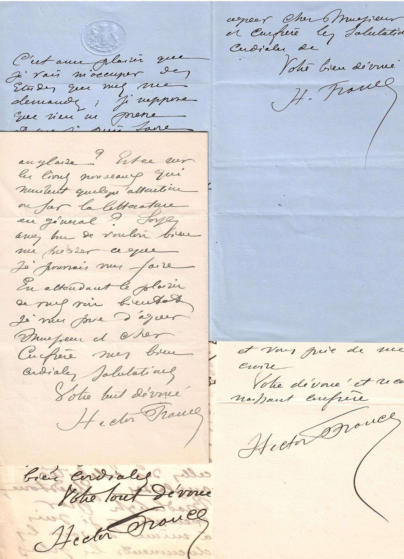 Null 赫克托-法国，作家（米勒库尔/孚日省1827年-鲁伊-马尔梅松（78）1908年）。4封签名信（1881，1881，1889，1890），关于文学。