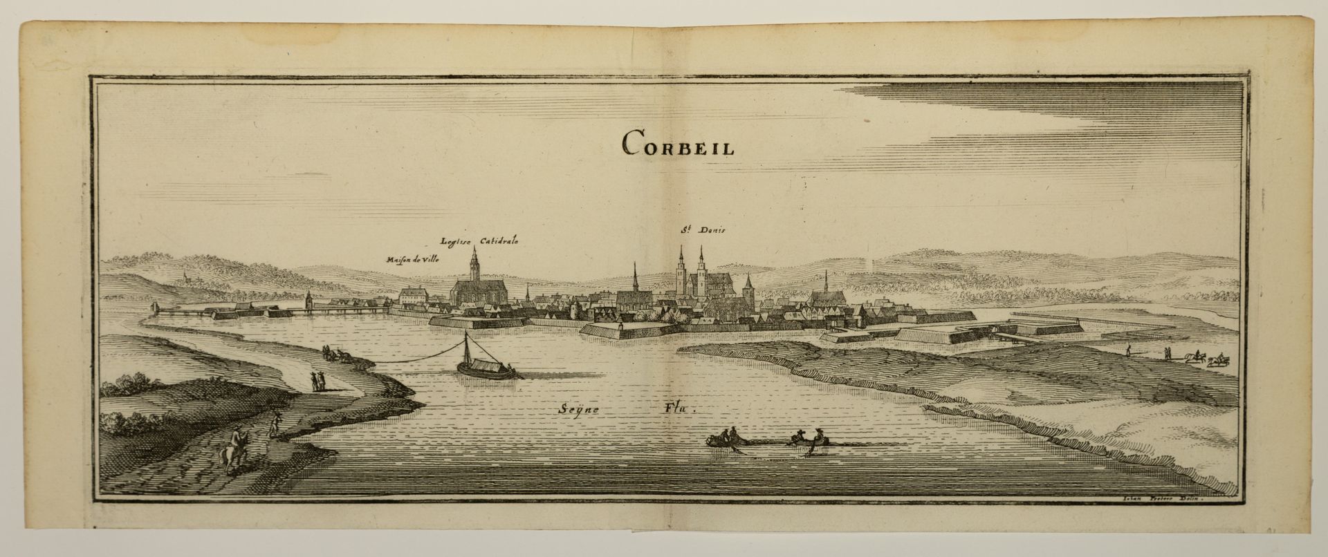 Null ESSONNE. Vue XVIIe de CORBEIL, Gravé par MÉRIAN (15 x 37,5 cm) État A