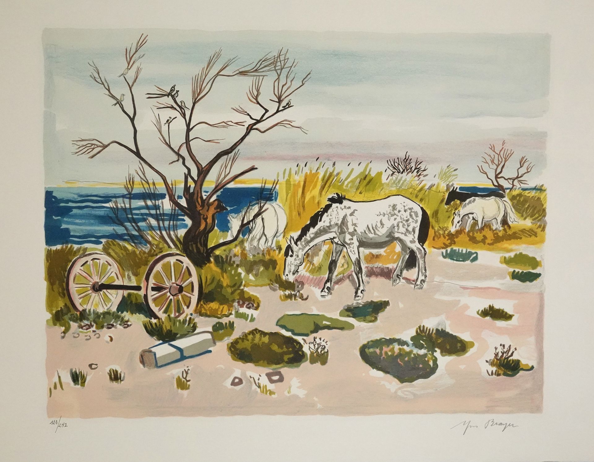 Yves BRAYER (1907-1990) 池塘边的马，1973年
石版画，Arches编织纸
右下方签名，编号123/272
50 x 65 cm
