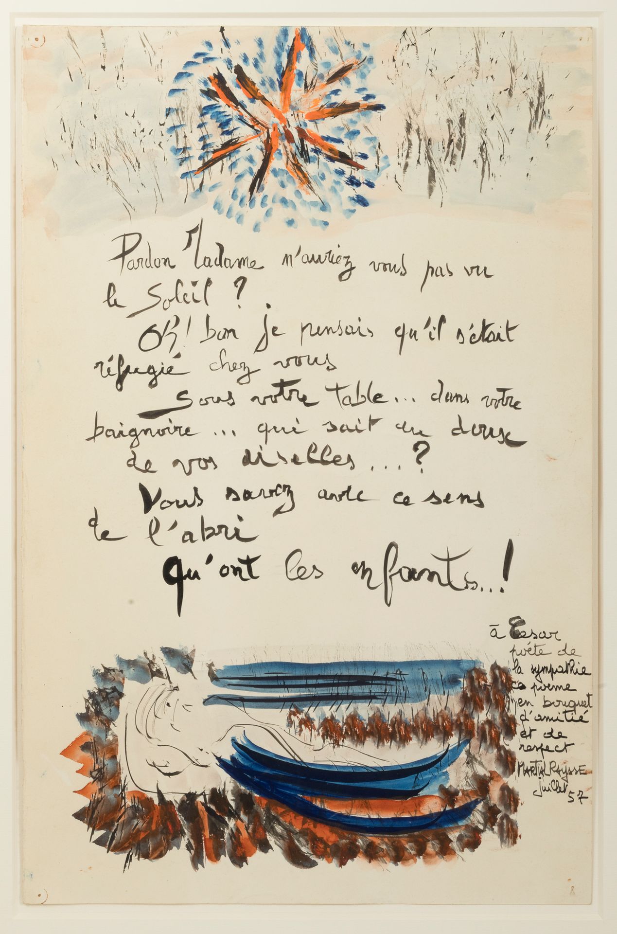 Martial RAYSSE (ne en 1936) 
*《诗-物》，1957年



纸上水墨和水粉画



签名，日期为1957年7月，献给凯撒。



&hellip;