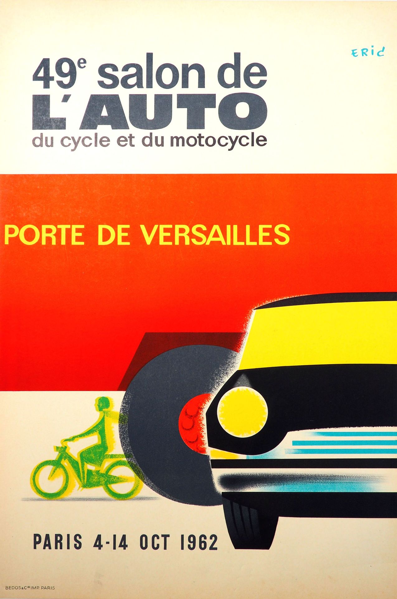 Null 汽车/自行车/电动自行车。极好的帆布海报，签名为Eric，用于 "第49届车展，从1962年10月4日至1日"，非常现代的图形，60X40。