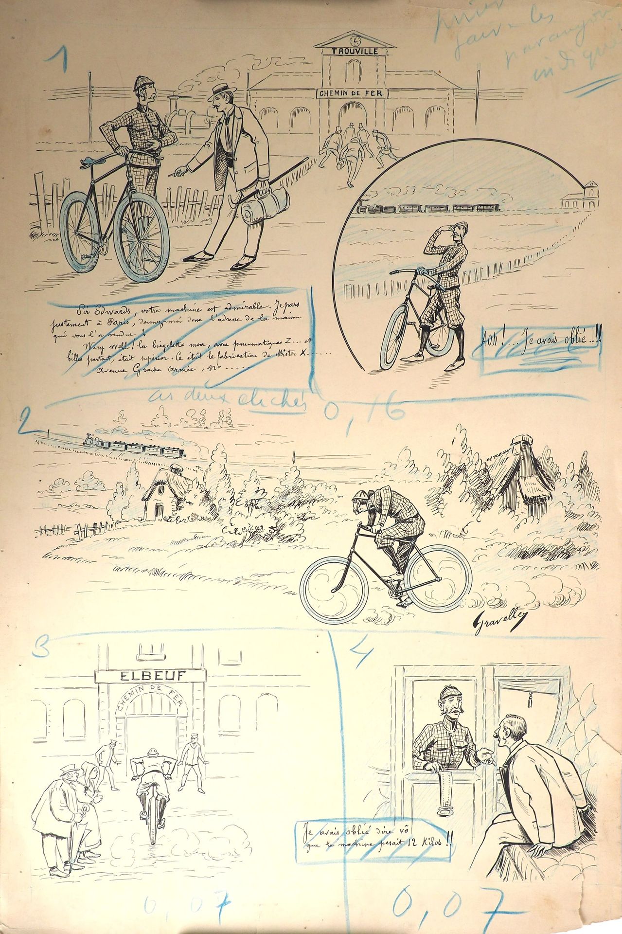 Null 骑自行车/Trouville/车站/火车。格拉维利用印度墨水绘制的极好的原始印刷图。1895年左右，他在一块板子上画了五张草图，因此非常生动，讲述了一&hellip;