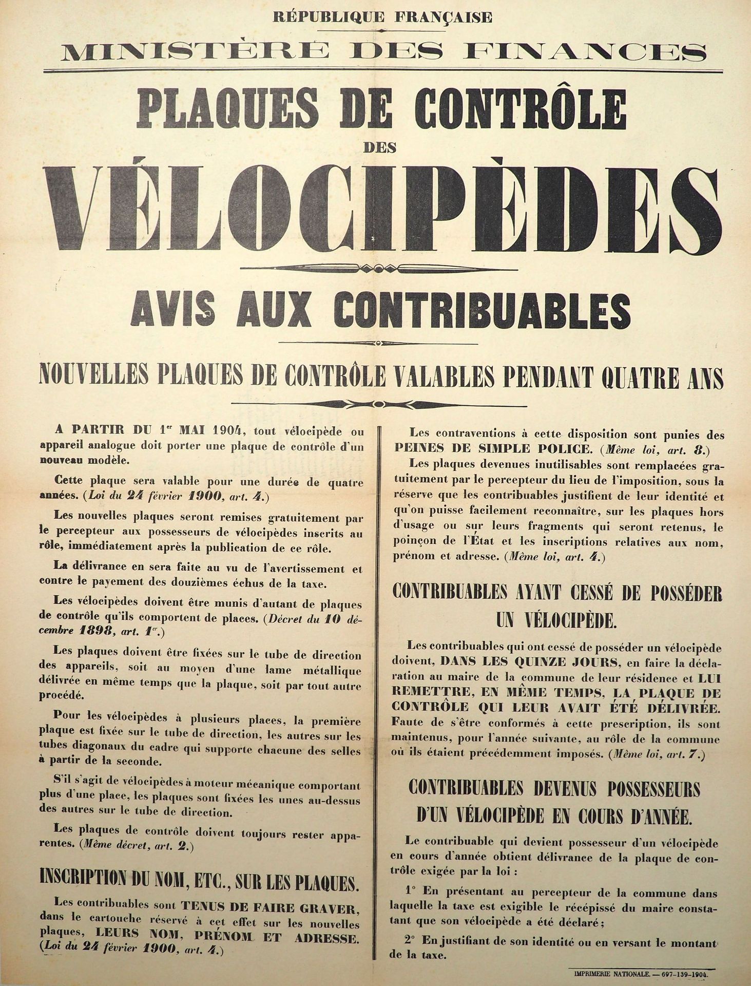 Null 自行车/税/板。极为罕见的凸版画布海报，上面有1904年以来自行车新税法的全部细节："Velocipede控制板，1904。从1904年5月1日起，所&hellip;