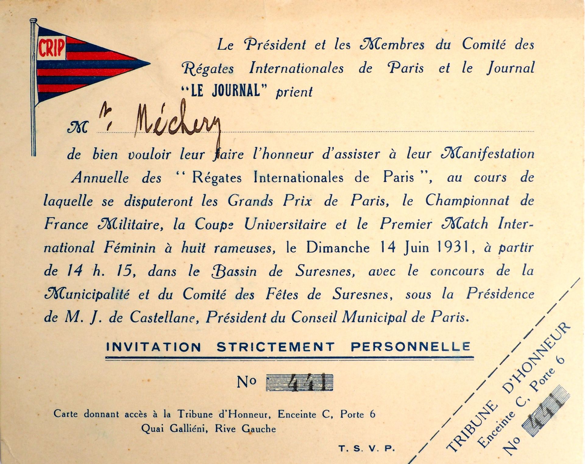 Null 划船/巴黎/苏雷士/Tribune d'honneur。1933年6月11日巴黎国际比赛的极好的未经剪辑的邀请函，其亮点是英格兰和南斯拉夫以及法国之间&hellip;