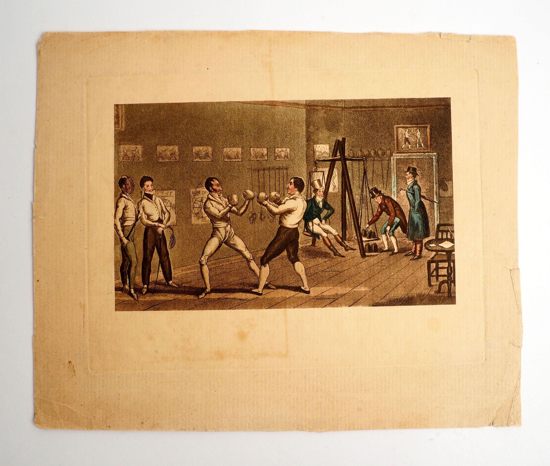 Null 拳击/史前。"运动馆"，英国石版画。前方的拳击手占据了舞台的中心，而击剑手则在不远处，一个业余选手在其他地方掂量着自己。20X24.约1860年