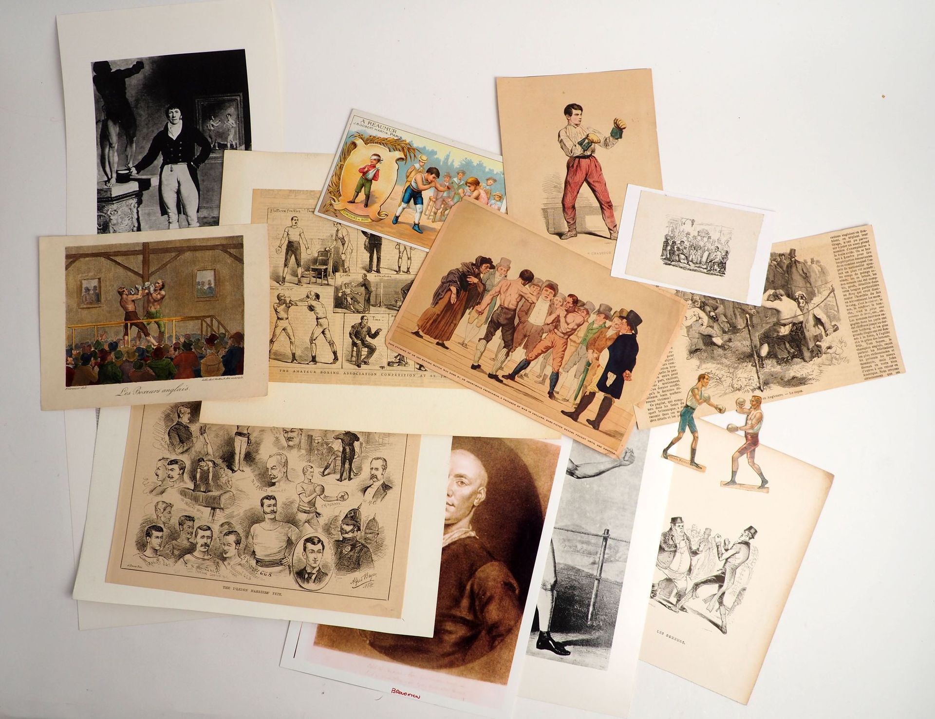 Null 拳击/史前......15件作品。a) 四张19世纪早期先驱者的版画照片复制品，约翰-杰克逊、布劳顿、托马斯-克里布；b) 鞋子大师（彩色）；c) 彩&hellip;