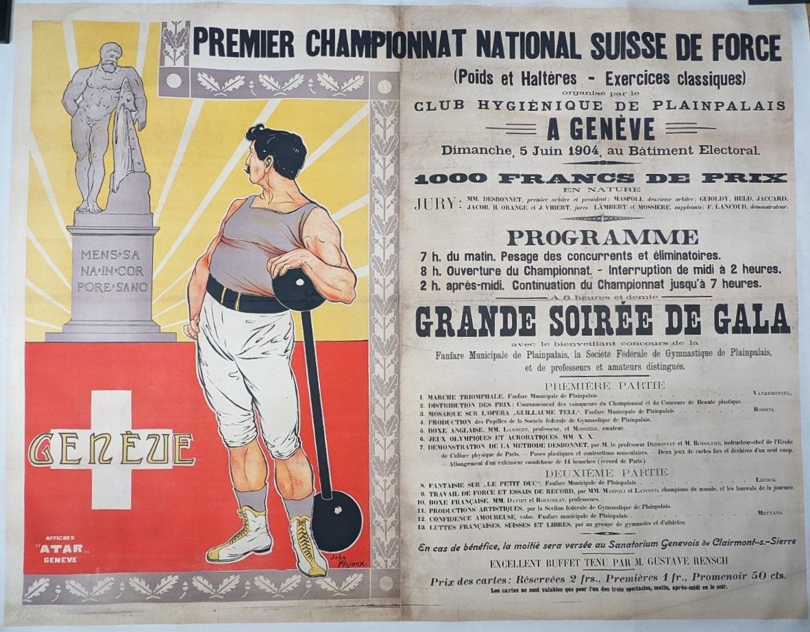 Null 举重/拳击/体操/摔跤/日内瓦/普罗尤/马斯波利/奥林匹克运动会。非常原始的节目海报："1904年6月5日在日内瓦举行的第一届瑞士全国力量、体重和举重&hellip;