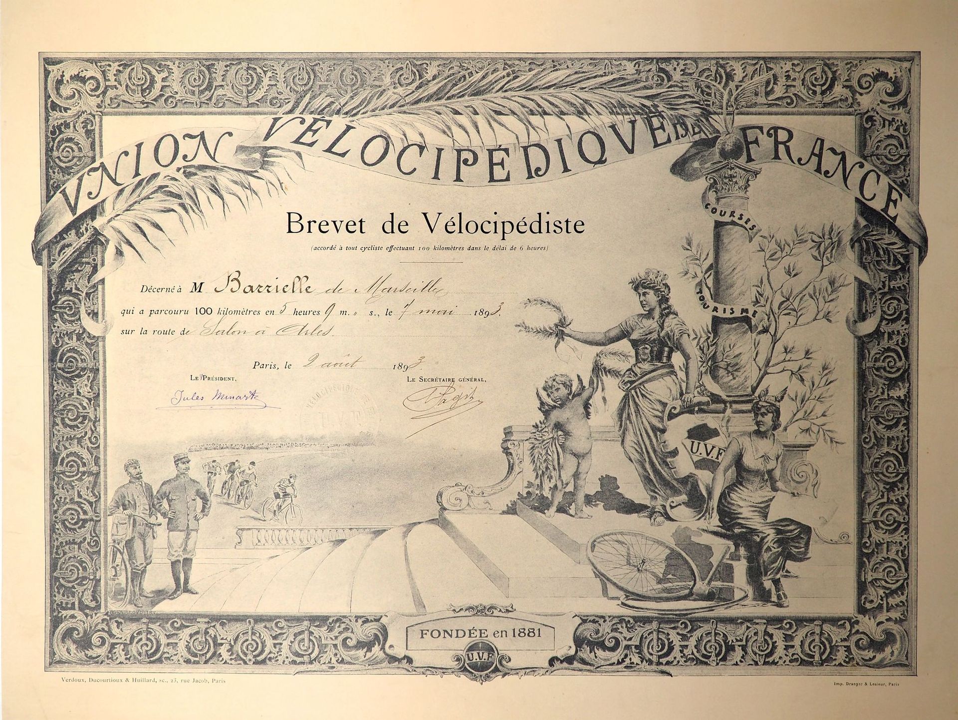 Null Cyclisme/UVF/Brevet. Superbe brevet illustré, entoilé décerné par l'UVF (cr&hellip;