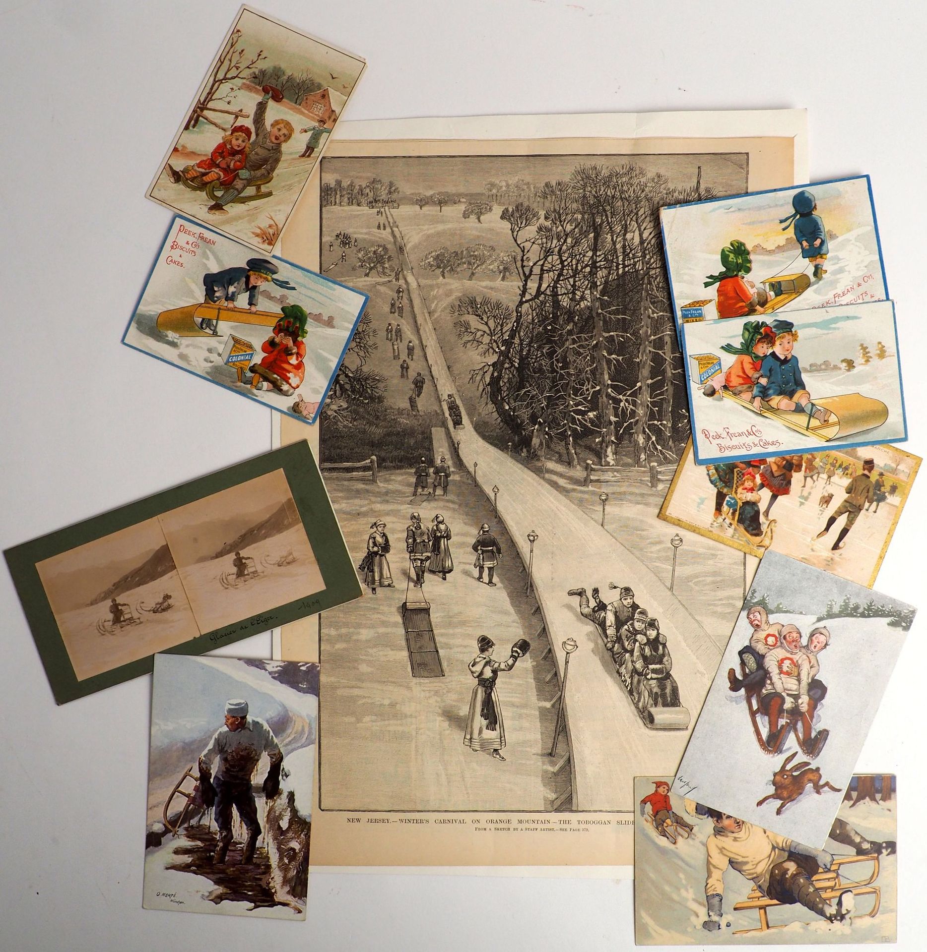 Null 冬季运动/雪橇。关于雪橇的一套特殊的10件作品：a）木刻，来自一家美国报纸，1888年。在新泽西州，埃塞克斯俱乐部的后裔（39x27）；b) 三张花色&hellip;