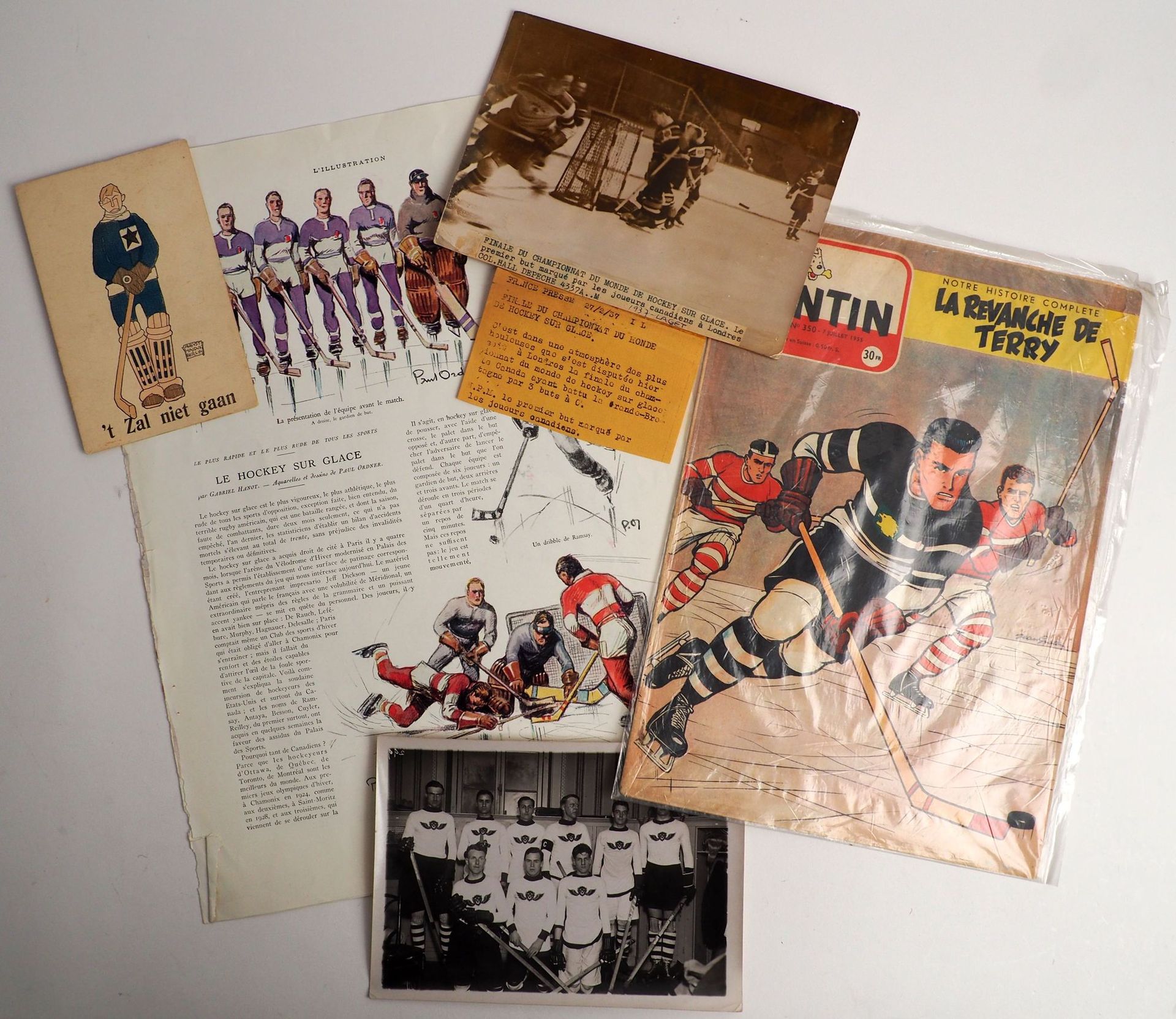 Null 冬季运动/冰球/世界/奥德纳/哈诺特。五个项目。(a) 两张20世纪30年代的原始新闻照片，加拿大在1937年伦敦世界运动会上战胜英格兰（3-0）的第&hellip;