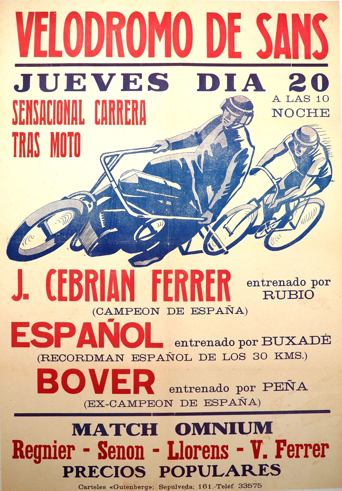 Null 骑行/骑手/半程/西班牙/over。20世纪20年代末的罕见帆布海报，展示了西班牙中距离的丰富内涵。6月20日，在巴塞罗那附近的桑斯自行车场，"sen&hellip;
