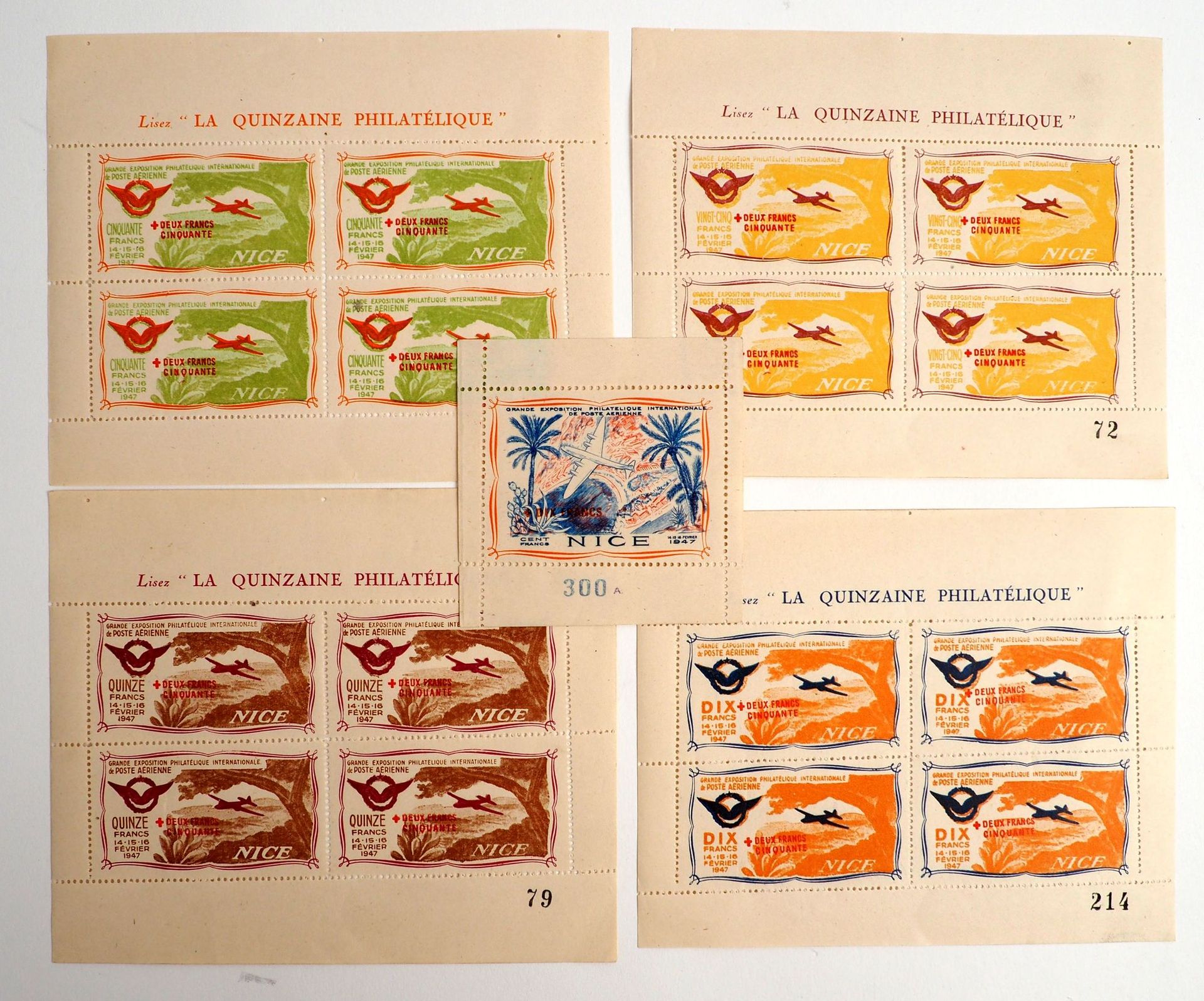 Null 航空/航空邮件/通知/展览内部。1947年2月14-15-16日为庆祝航空邮政国际集邮展览而发行的新的一套16枚不同的邮票（4块4枚，每块2.50f的&hellip;