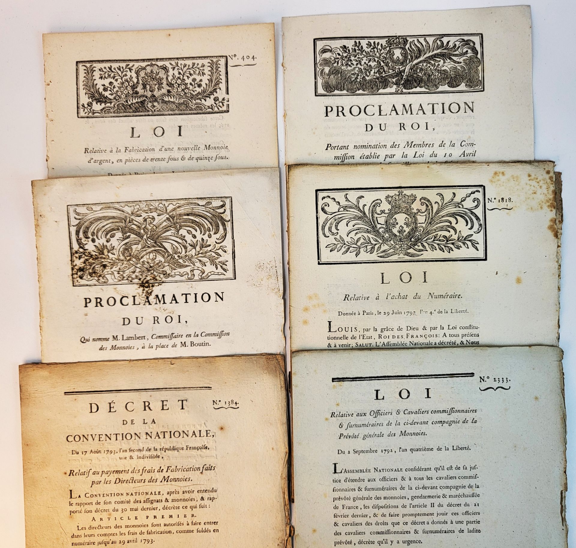 Null CURRENCIES - Revolution / Set of 9 printed documents 1791-1793 (Imprimerie &hellip;