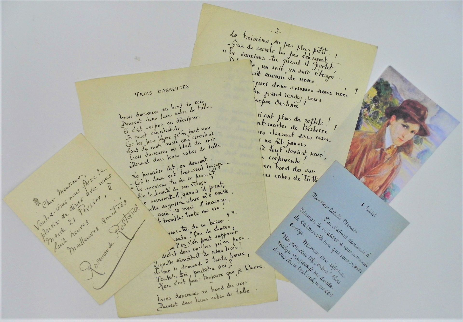Null 莫里斯-罗斯坦（1891-1968，诗人和剧作家）/一首诗的亲笔手稿和罕见的青年时期写给卡图尔-门德斯的亲笔信：这首诗，2页4行，标题是 "Trois&hellip;